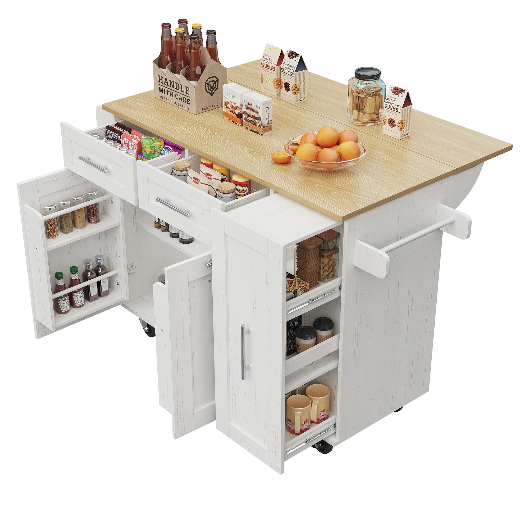 Modern Kitchen Island Cabinet, Buffet Dining Cart with Storage, White