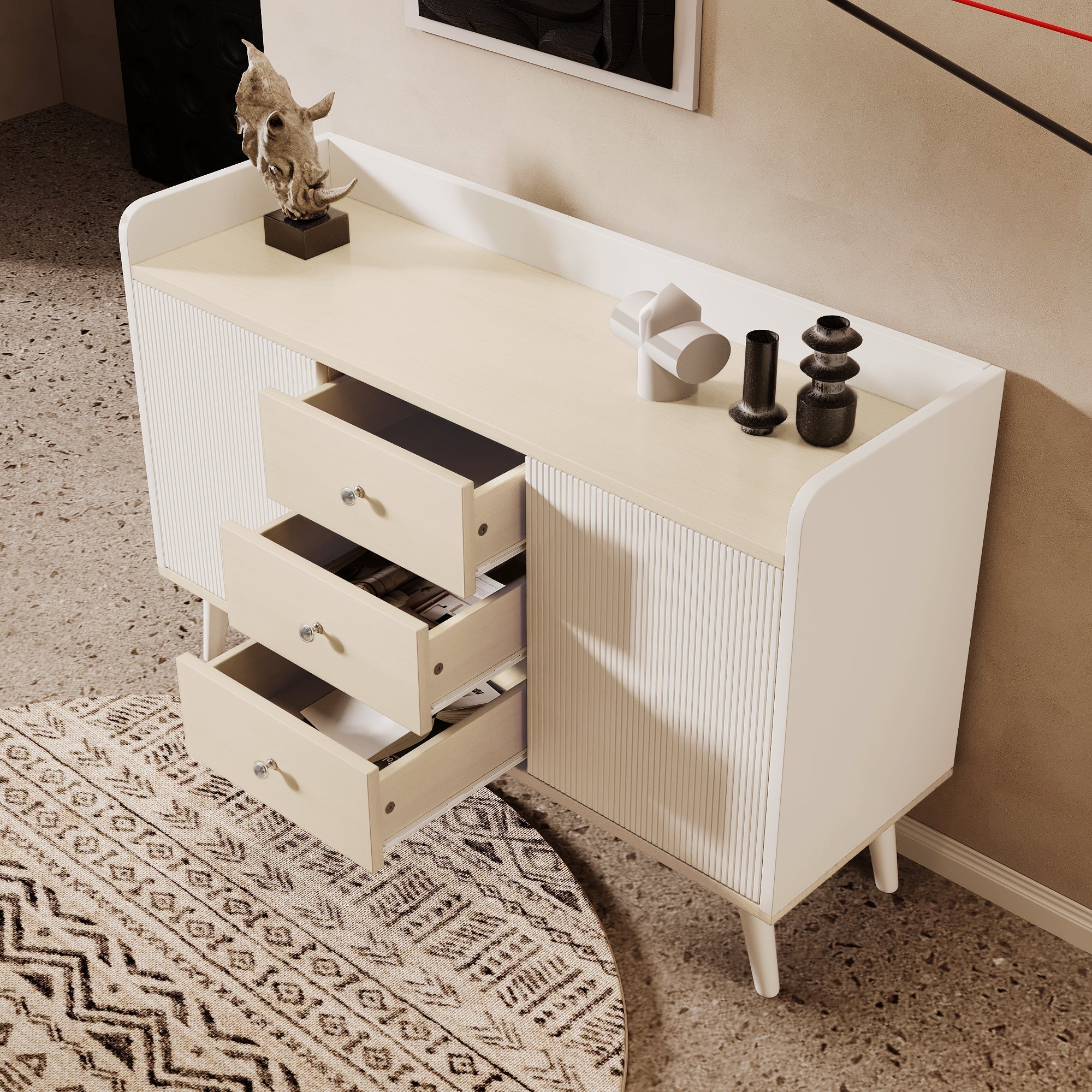 Sideboard, Three Drawers Storage, Wood-Colored