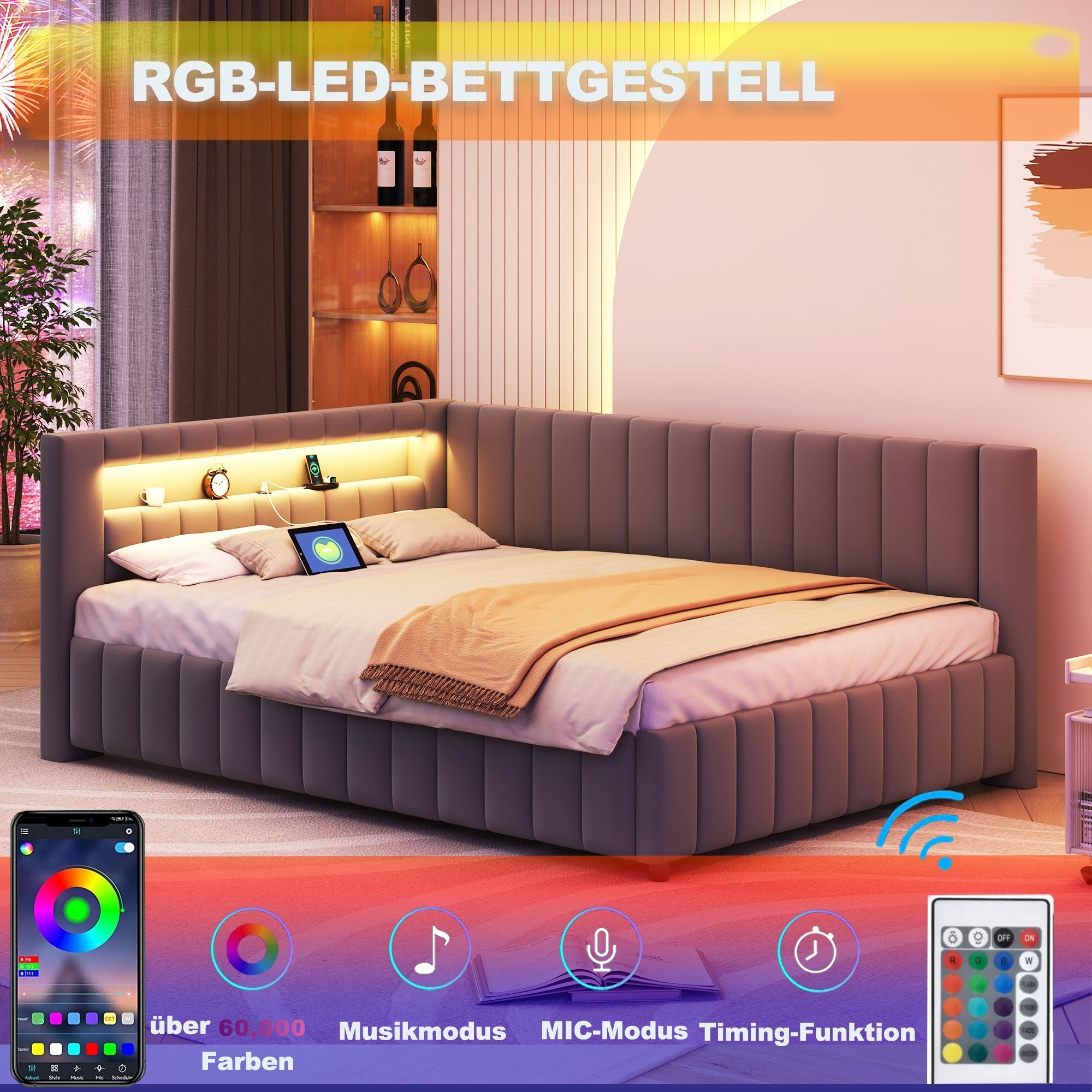 Upholstered Sofa Bed 140x200 with LED & USB, Velvet Grey