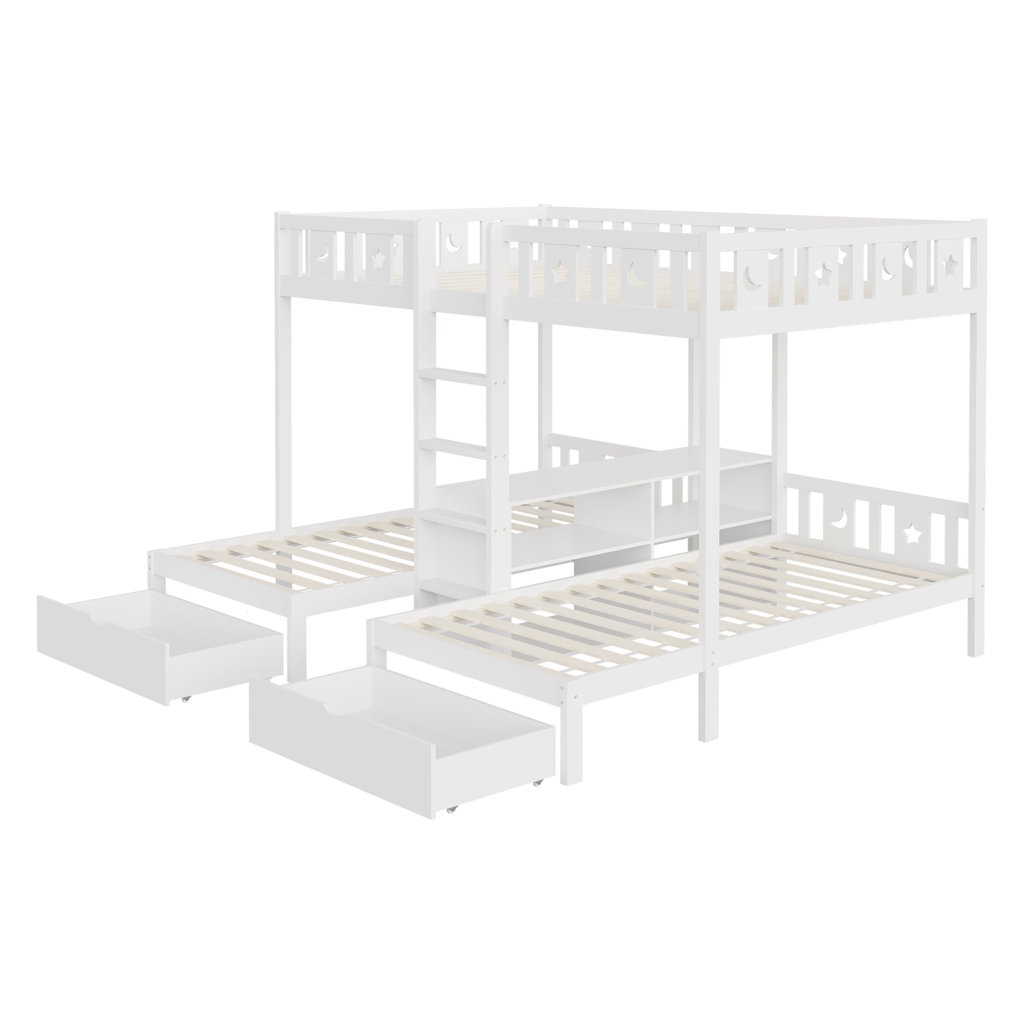 Triple Bunk Bed with Storage Stairs, Drawers and Star Moon Guardrails, 90x200cm & 140x200cm, White Solid Wood