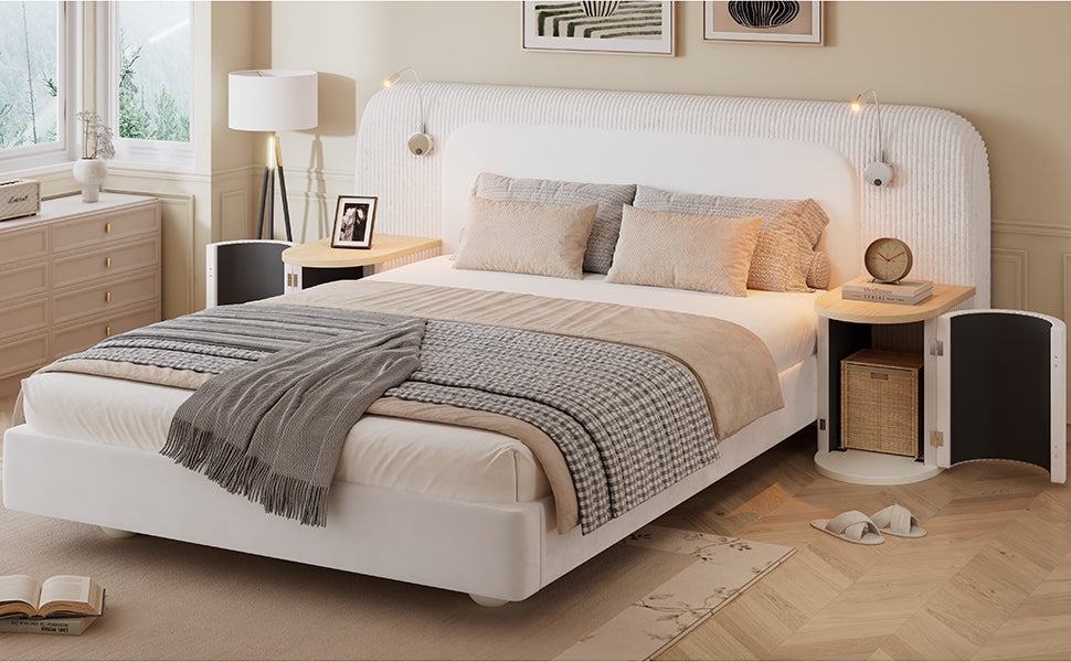 Upholstered Bed 4ft6 Double with Bedside Light and Table, Beige Velvet