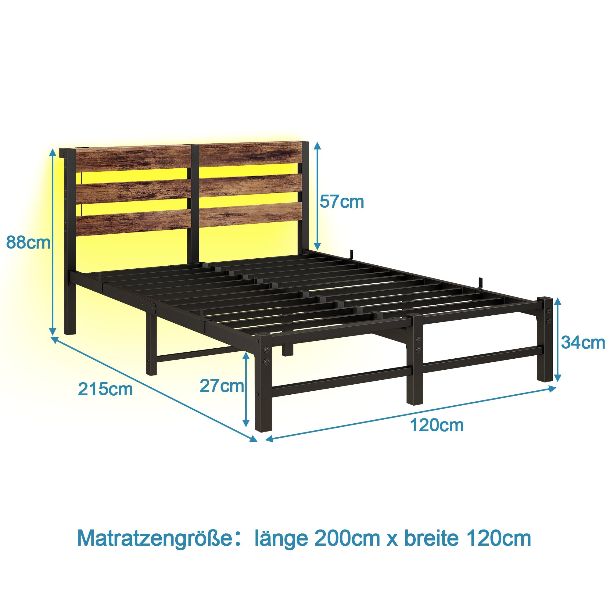 Metal Bed 120x200cm LED USB Storage - Metal