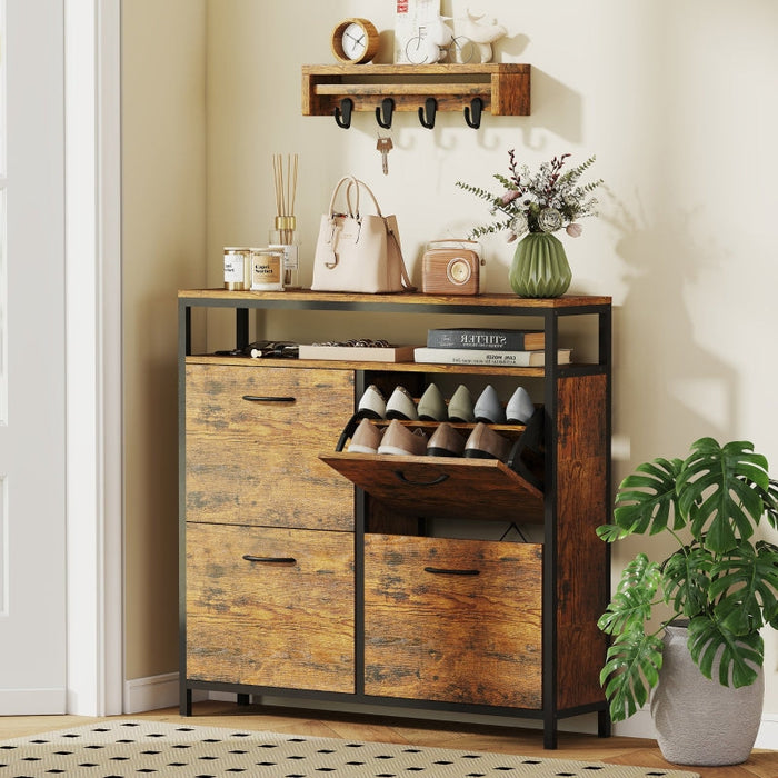 Shoe cabinet with 4 folding drawers, slim design, open shelf, steel, brown