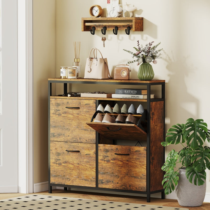 Shoe cabinet with 4 folding drawers, slim design, open shelf, steel, brown