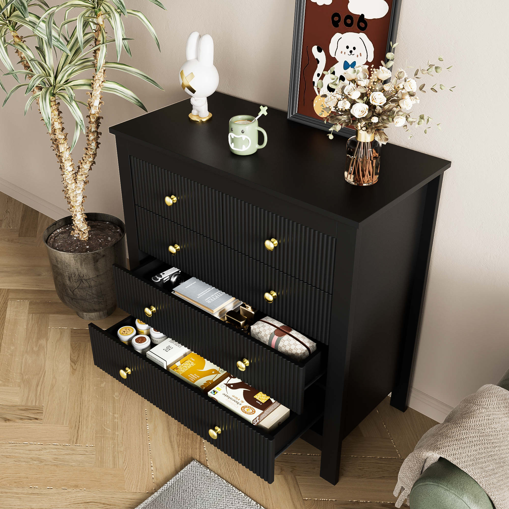 Sideboard, chest of drawers with special doors, gold handles