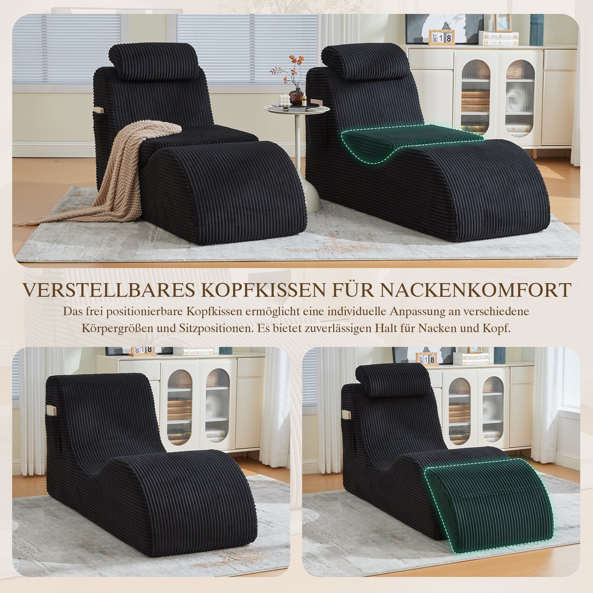 Modern Leisure Chair with Ergonomic Compression Foam and Side Pocket, Black