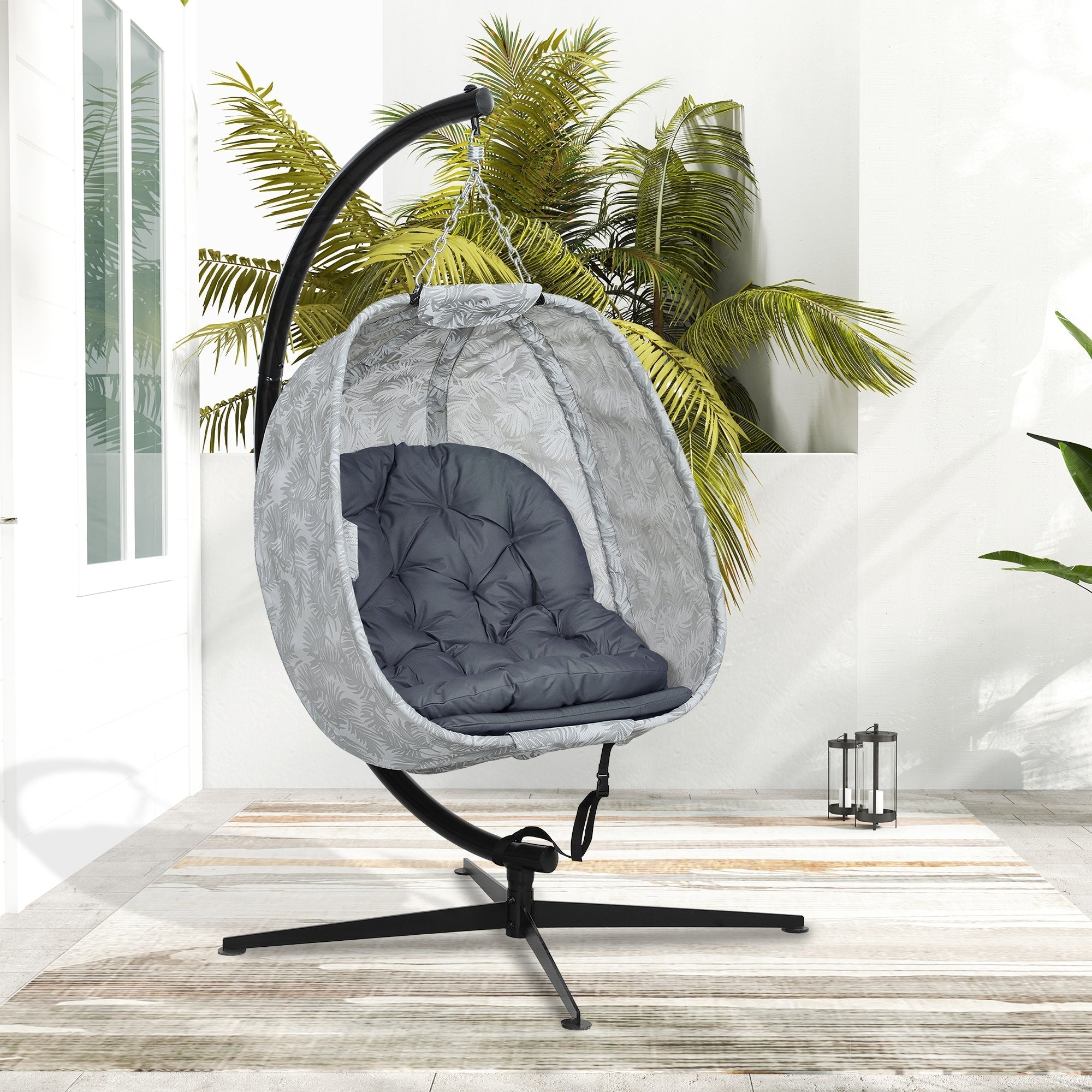 Eiförmiger Outdoor-Hängesessel, klappbare Schaukel-Hängematte mit Ständer, Grau