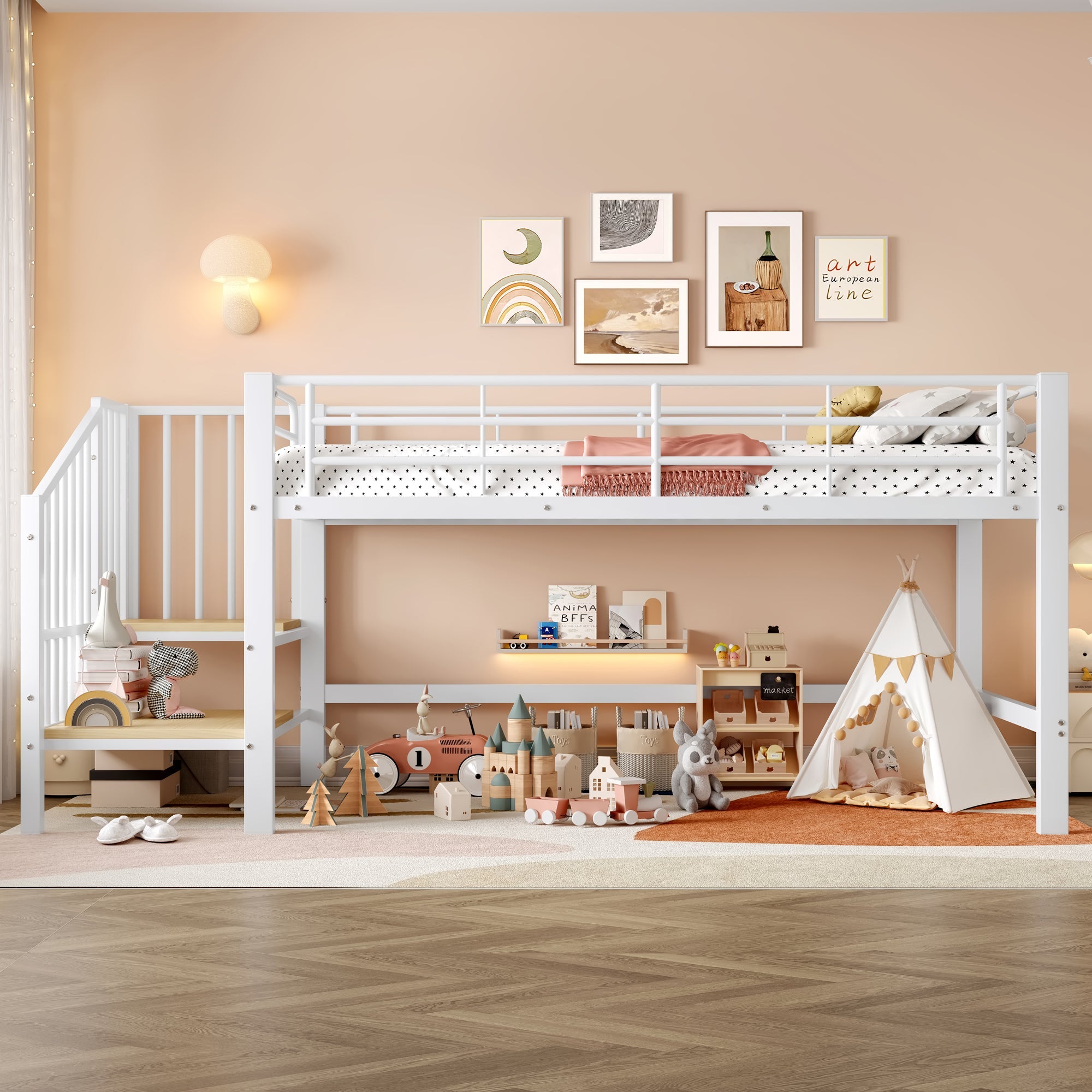 Loft Bed with Storage Stairs, 90 x 200 Semi-High, White
