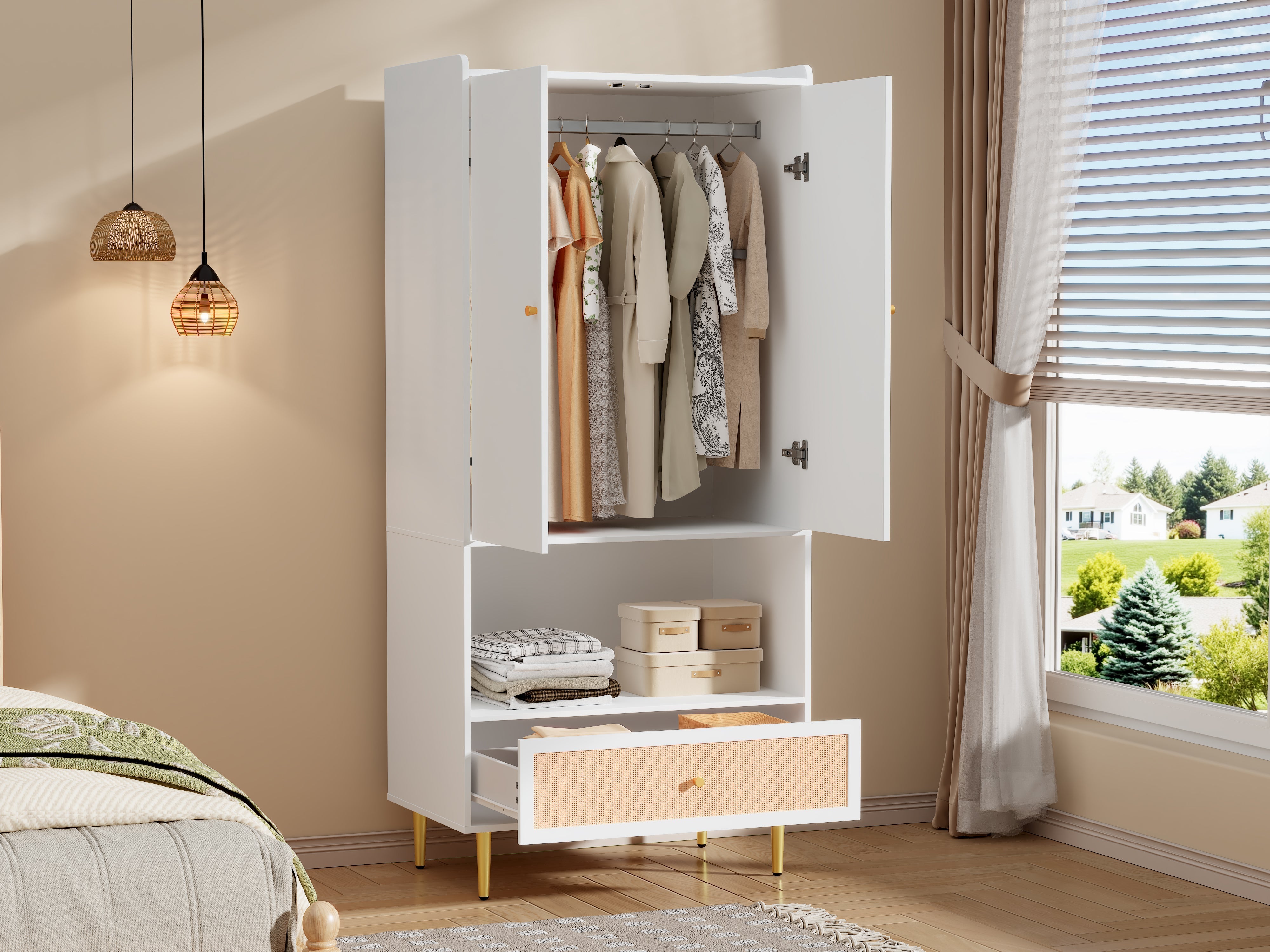 Wardrobe with 2 Doors, Rattan Drawer and Clothes Rail, White