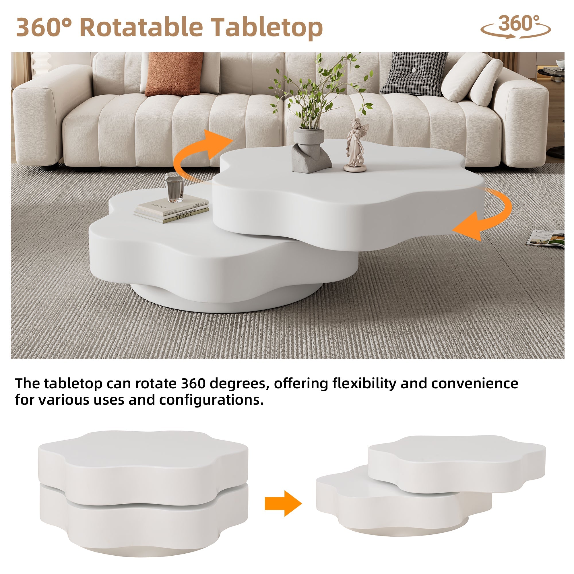 Flower Coffee Table 360° Rotating Double-Layered Storage MDF Cream White