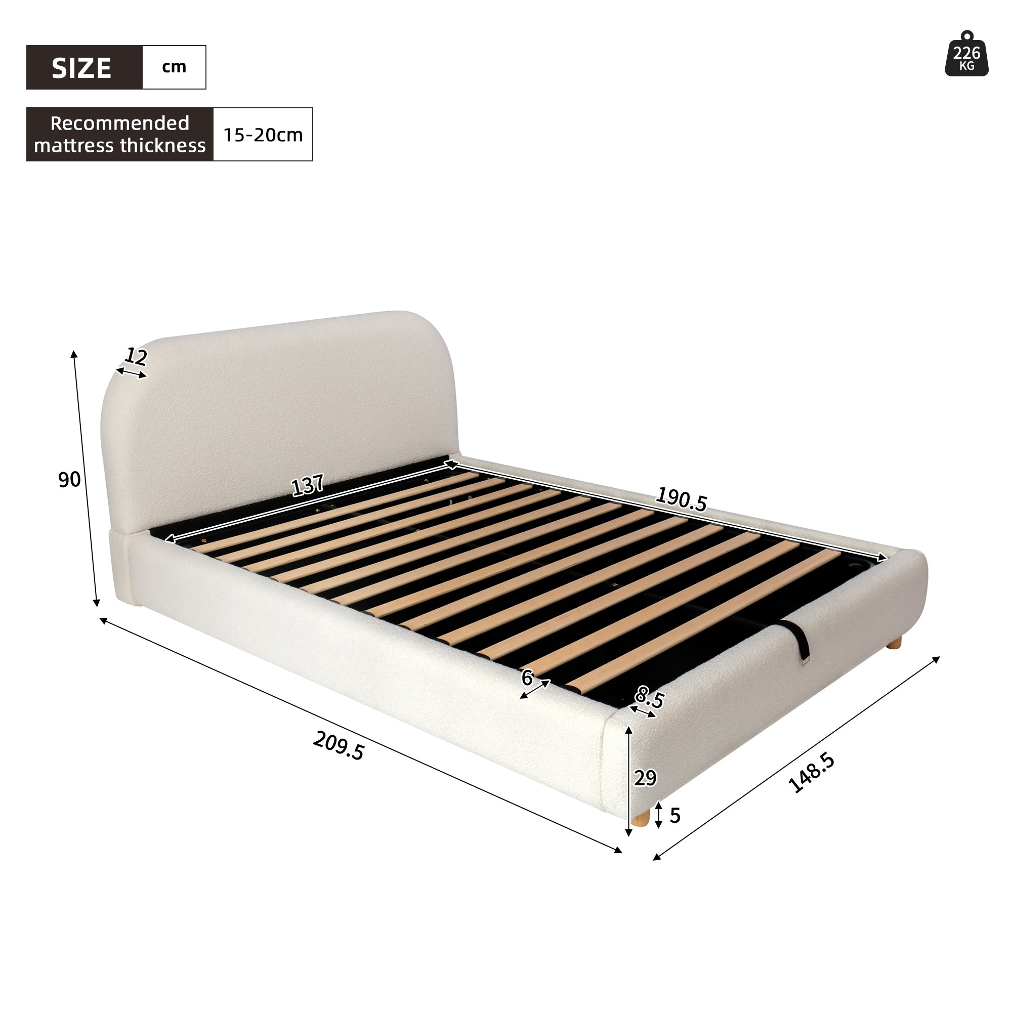 Ottoman Storage Bed Frame, Double Upholstered with Round Silhouette Arched Headboard, Warm White Boucle Fabric