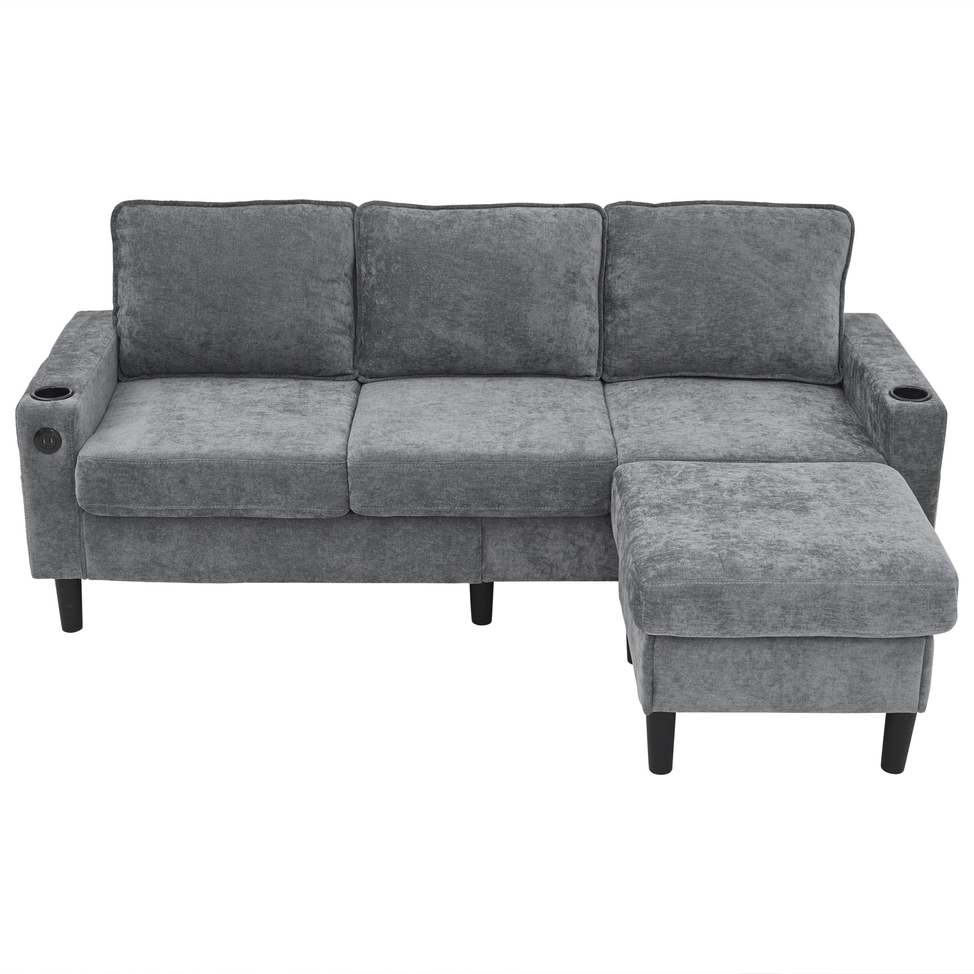 L-shaped Sleeper Sofa 3-Seater USB Type-C Cup Holders, Grey Linen