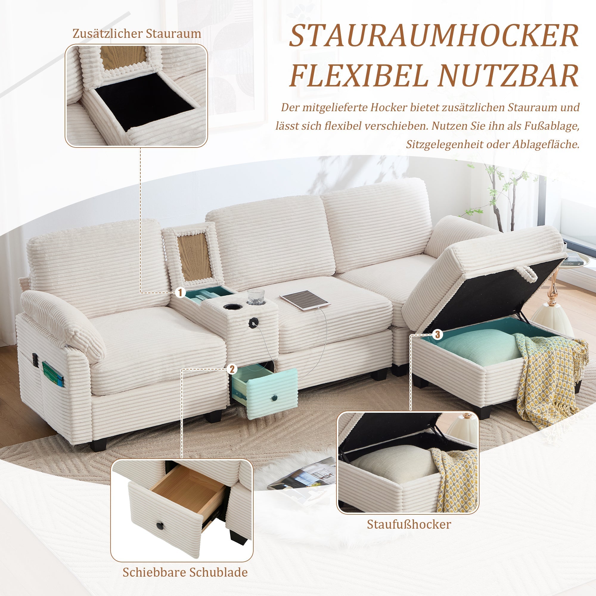 Sofa with Console, USB-C Port, Drawer & Movable Ottoman - Corduroy