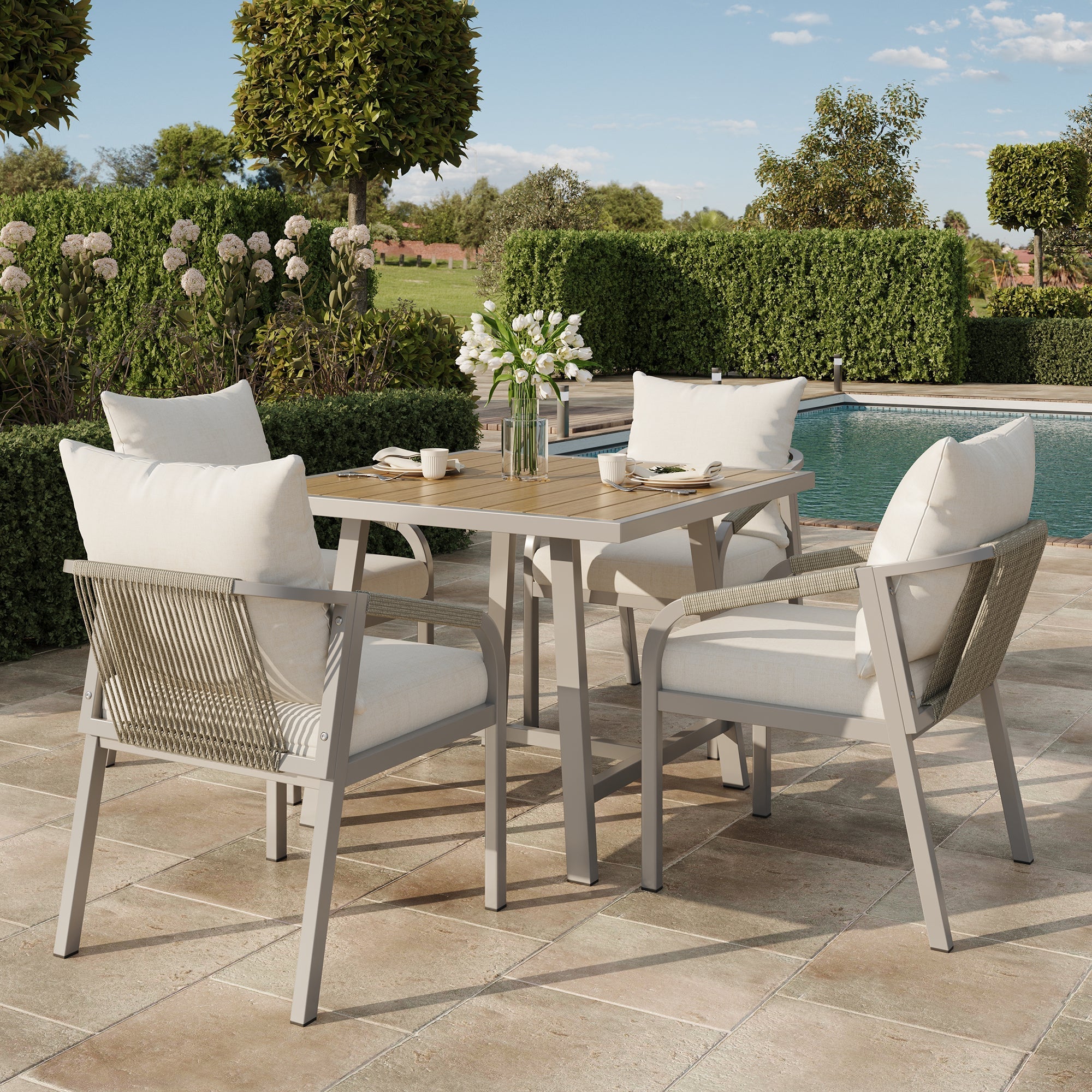 Garden Dining Set for 4 People with 1 Table and 4 Chairs, Woven Rope Design, Khaki and Beige