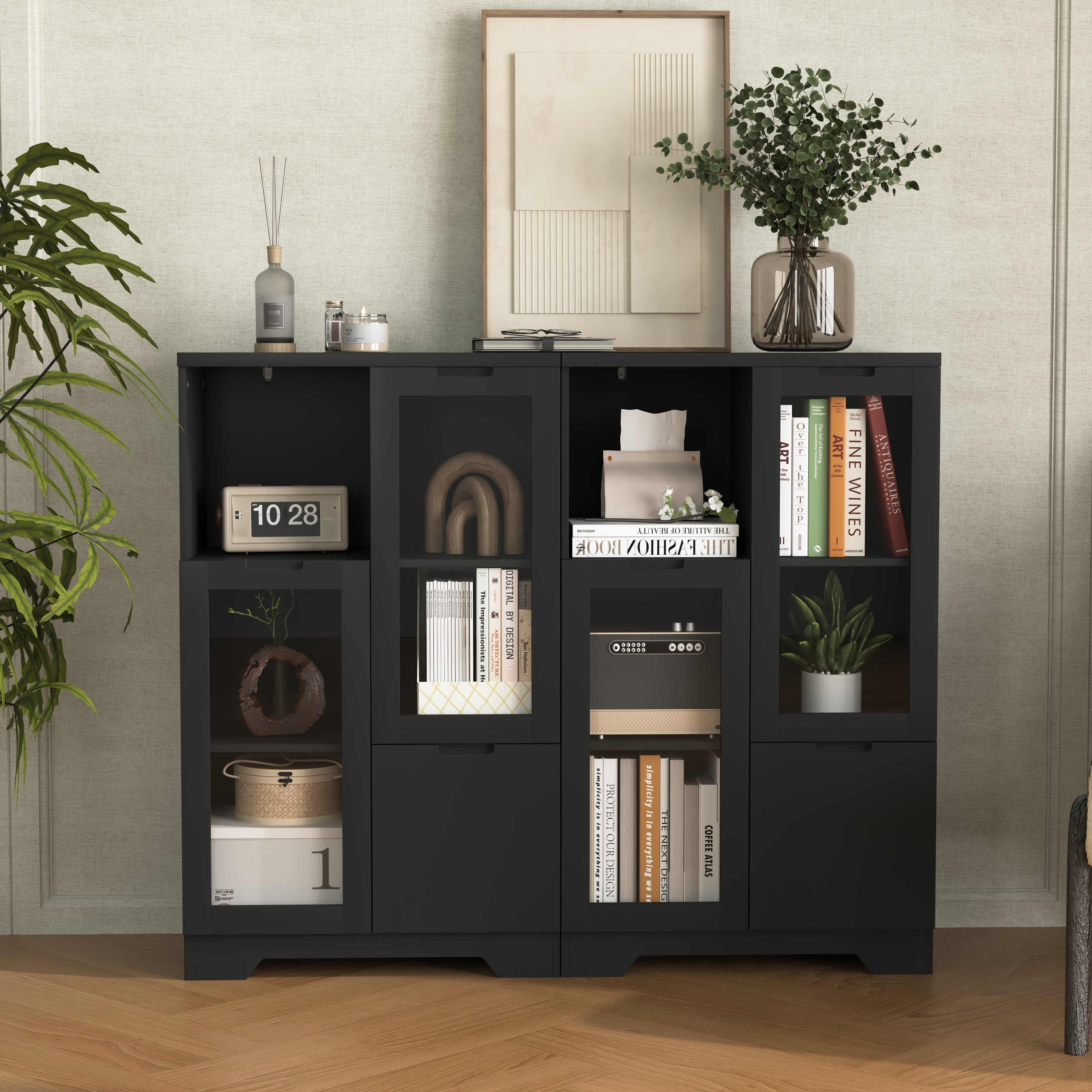 MDF Cabinet Glass Doors Drawer Open Storage - Black