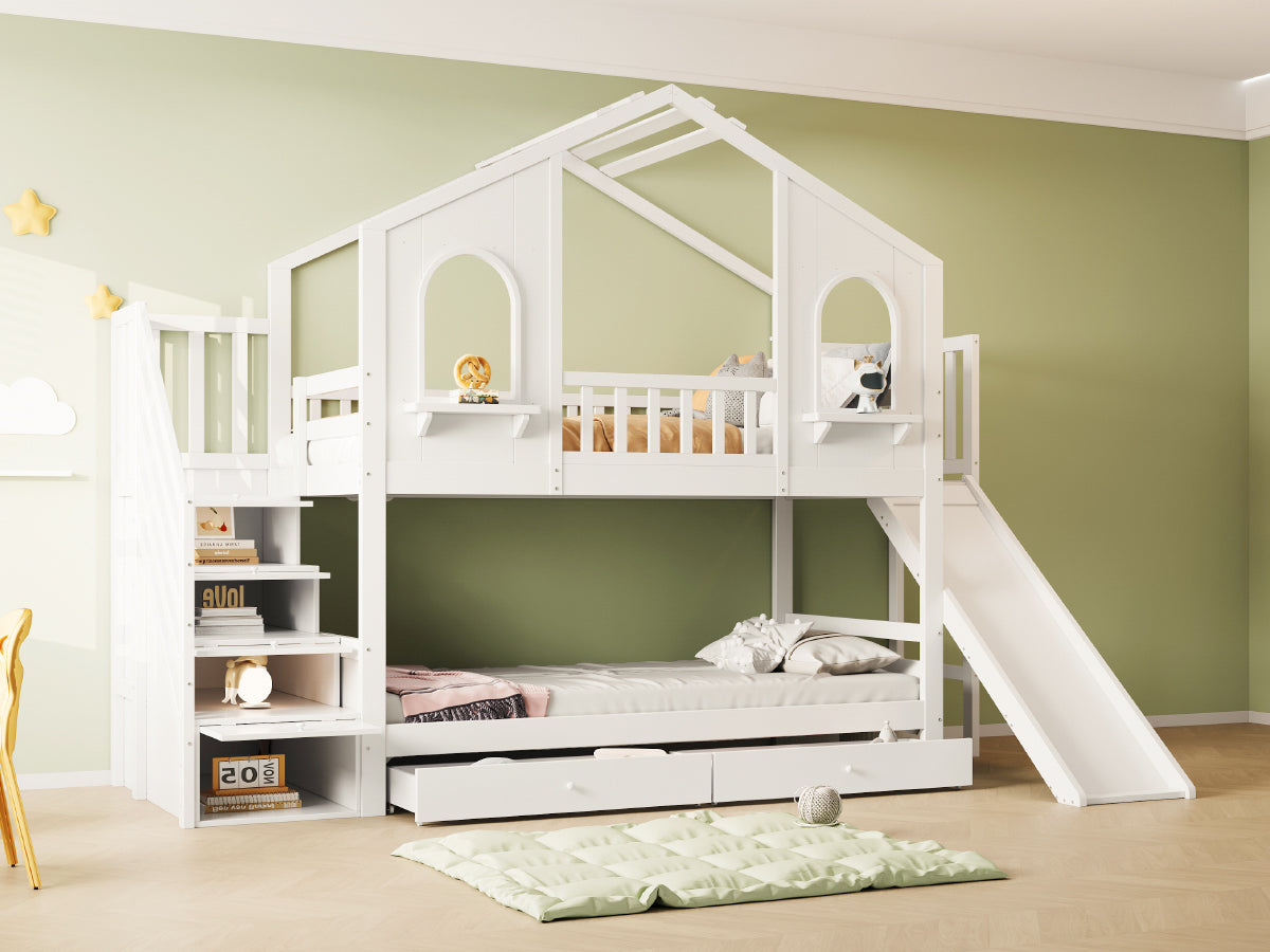 Children's Bunk Bed House-Shaped with Slide & Storage, 90x200cm, White