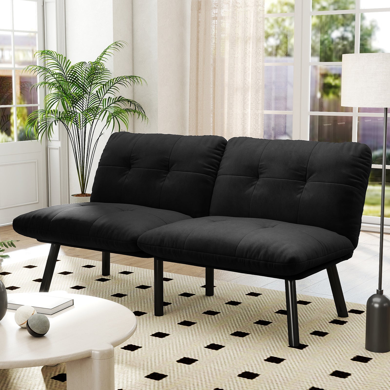 Sofa Bed Foldable 2-Seater Futon Guest Bed - Black