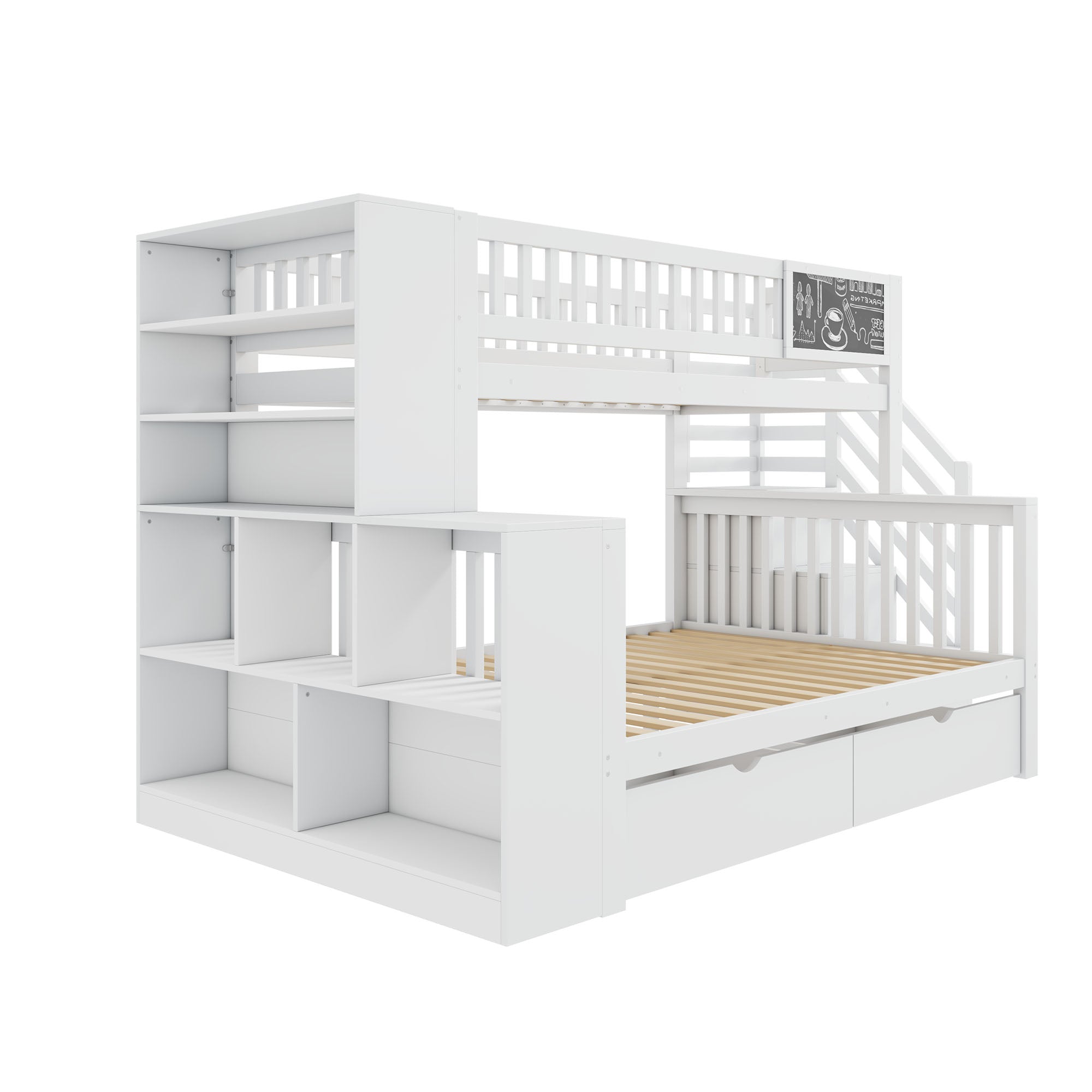 House Bunk Bed Multifunctional Graffiti Board Stairs Storage Drawers 140x200 & 90x200 - White