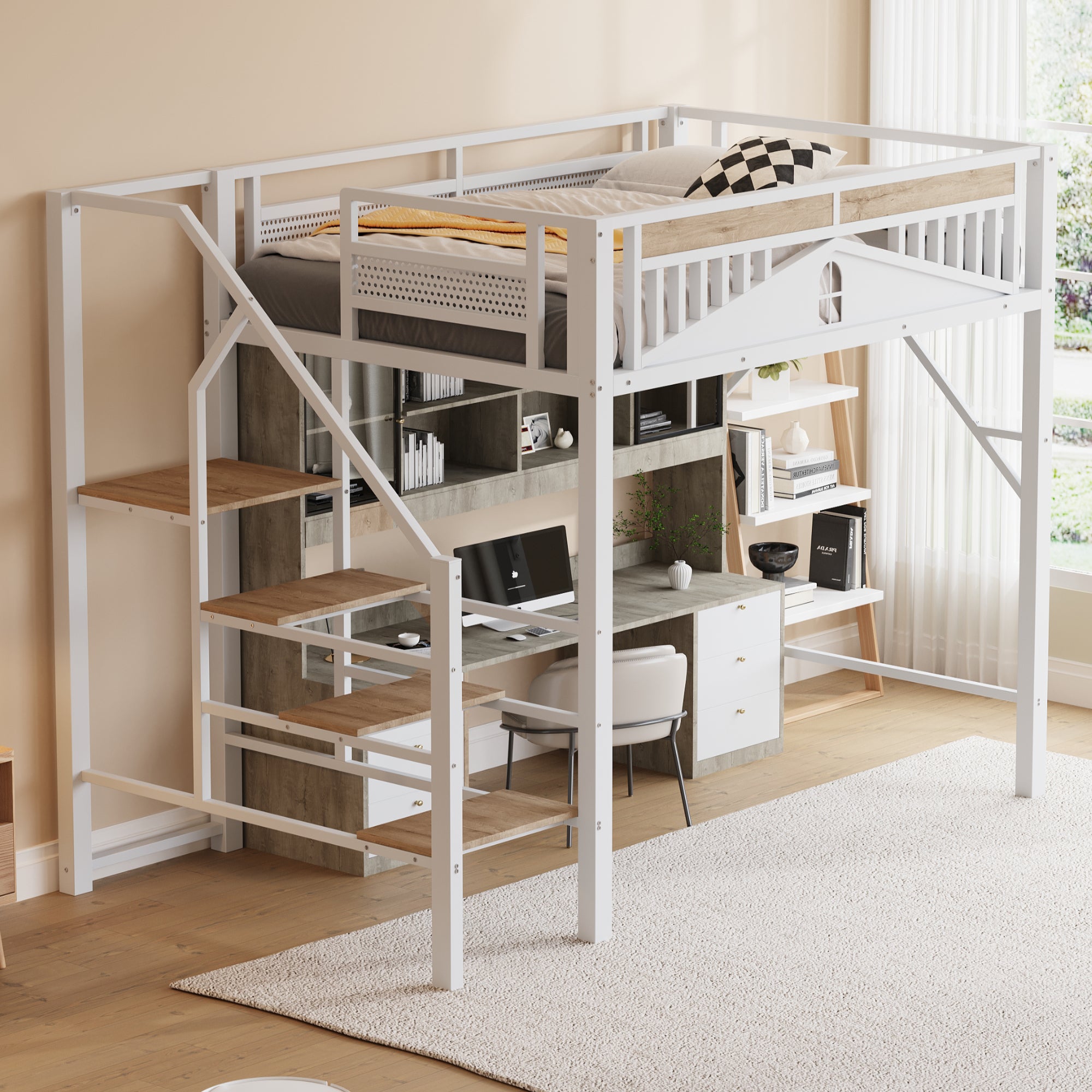 Metal Loft Bed, 140x200cm with Window Design, Safety Ladder, Storage, White