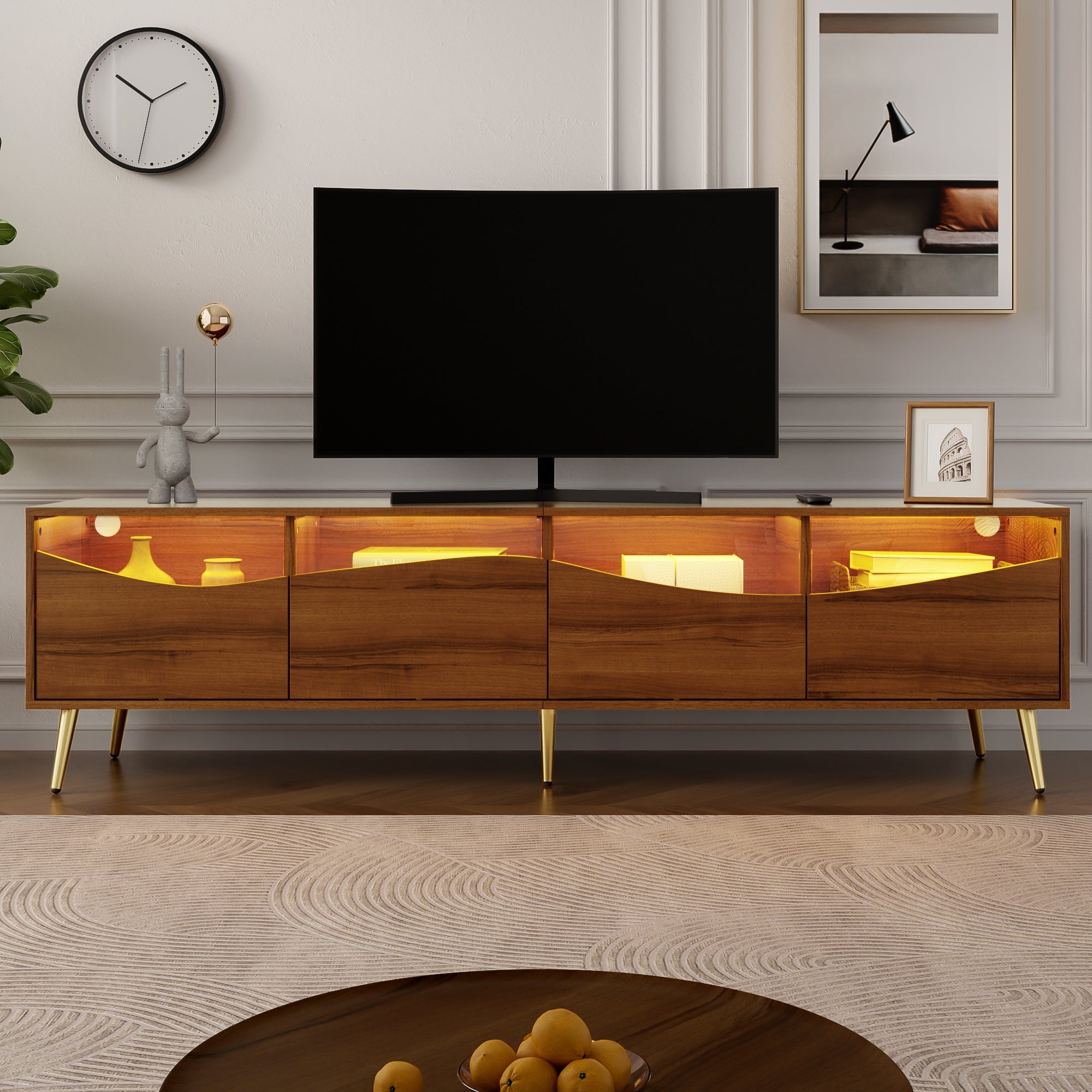 Modern TV Cabinet 180cm LED Lighting Storage, Wood Color/Gold Metal