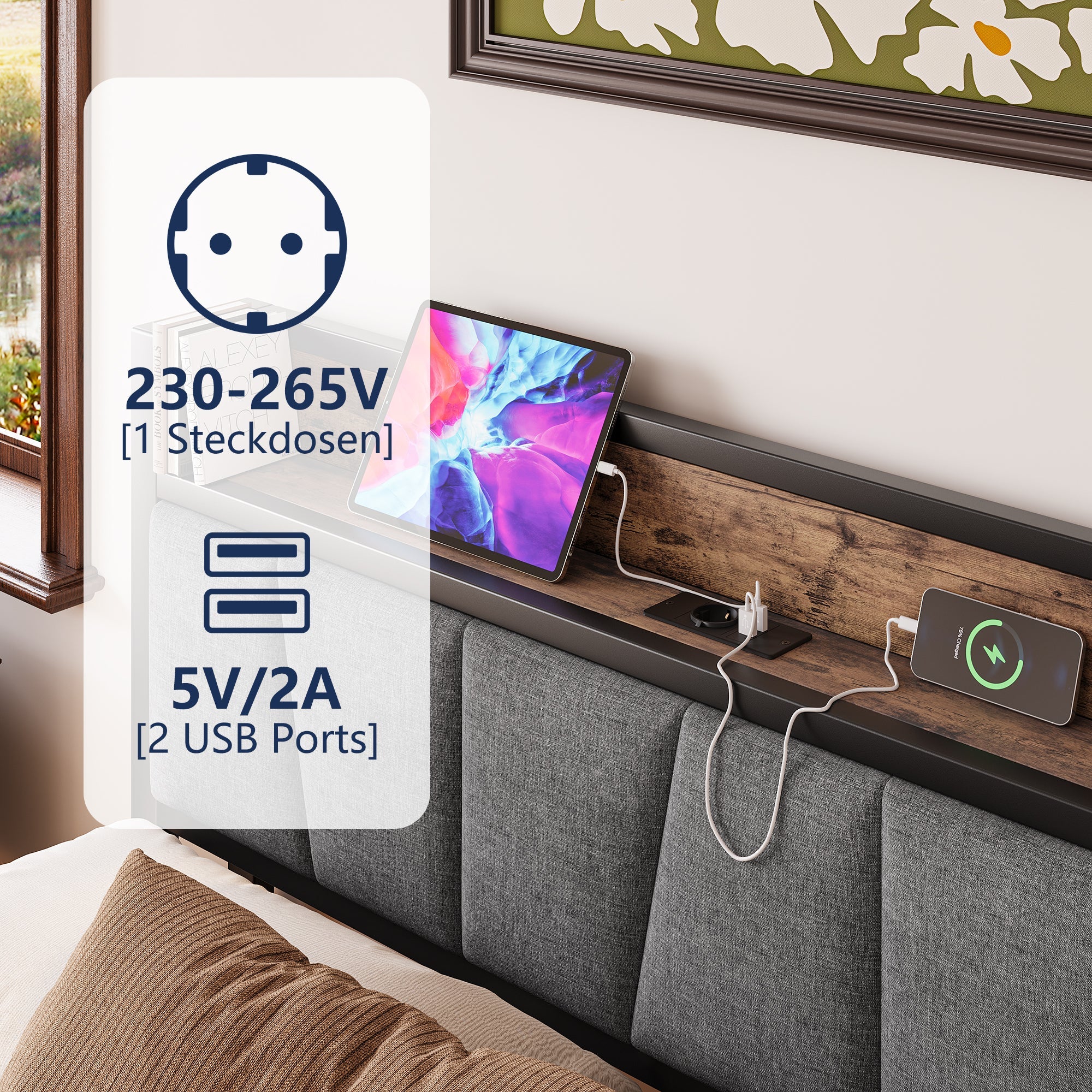 Bed Frame 140x190cm Smart LED Lights USB Charging Noise-Free Metal