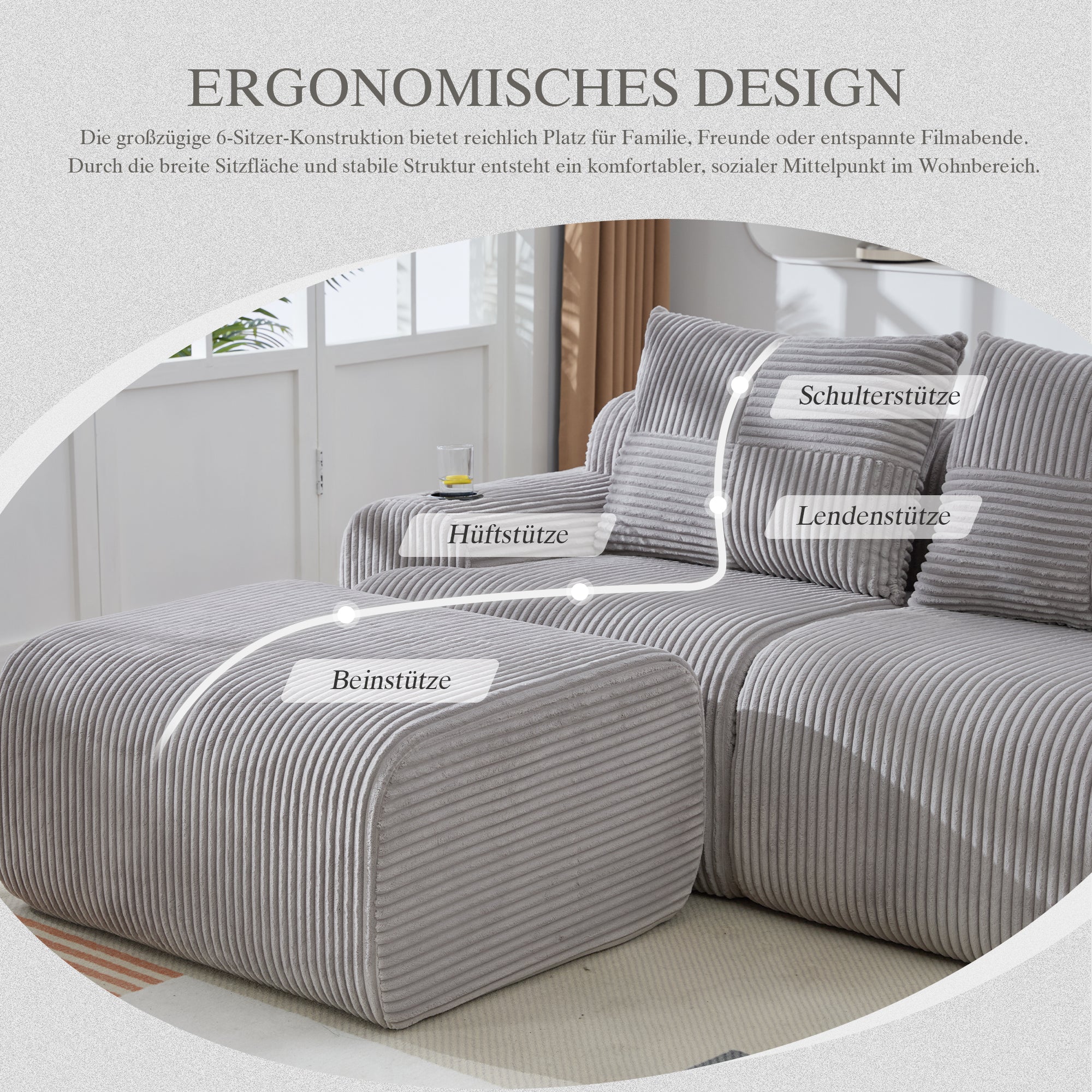 Modular Sofa - 4 Seater 2 Ottomans Cup Holders Storage Corduroy - Light Grey