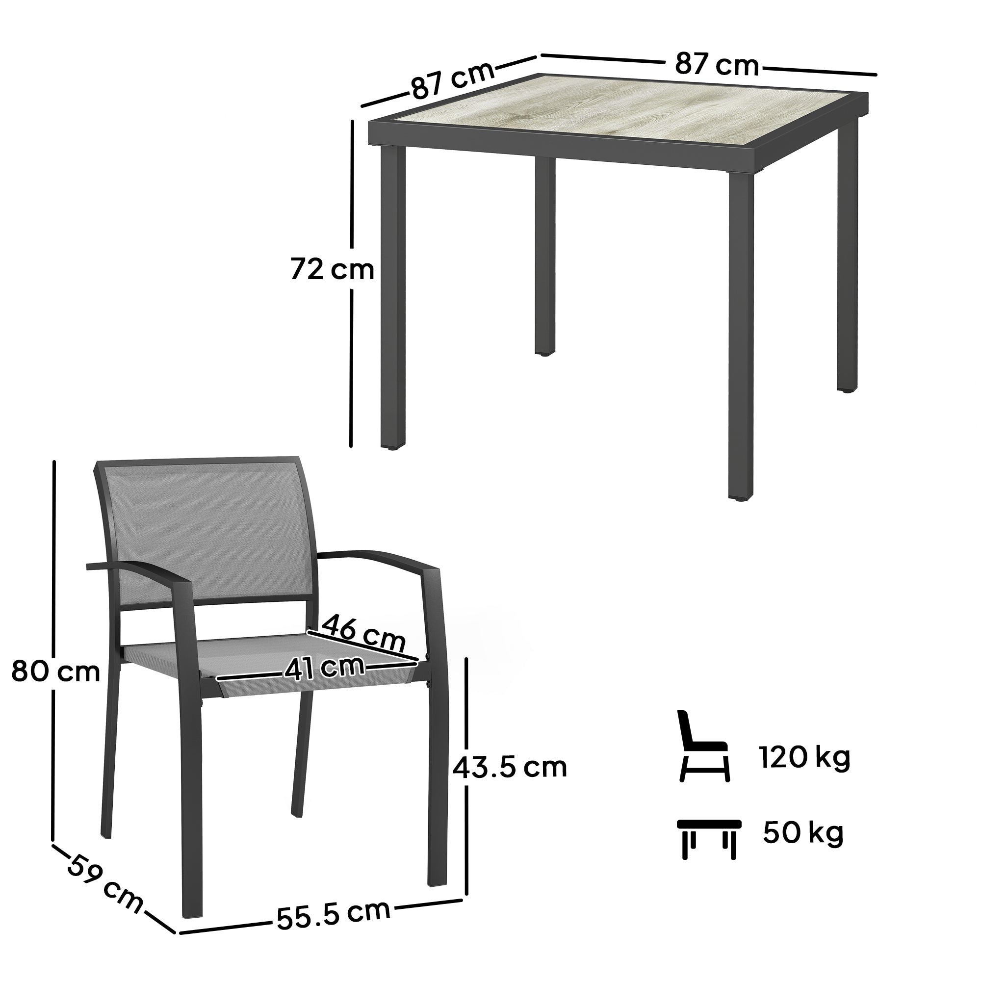 Five-Piece Outdoor Garden Dining Set, Square Table 4 Stackable Chairs, Grey