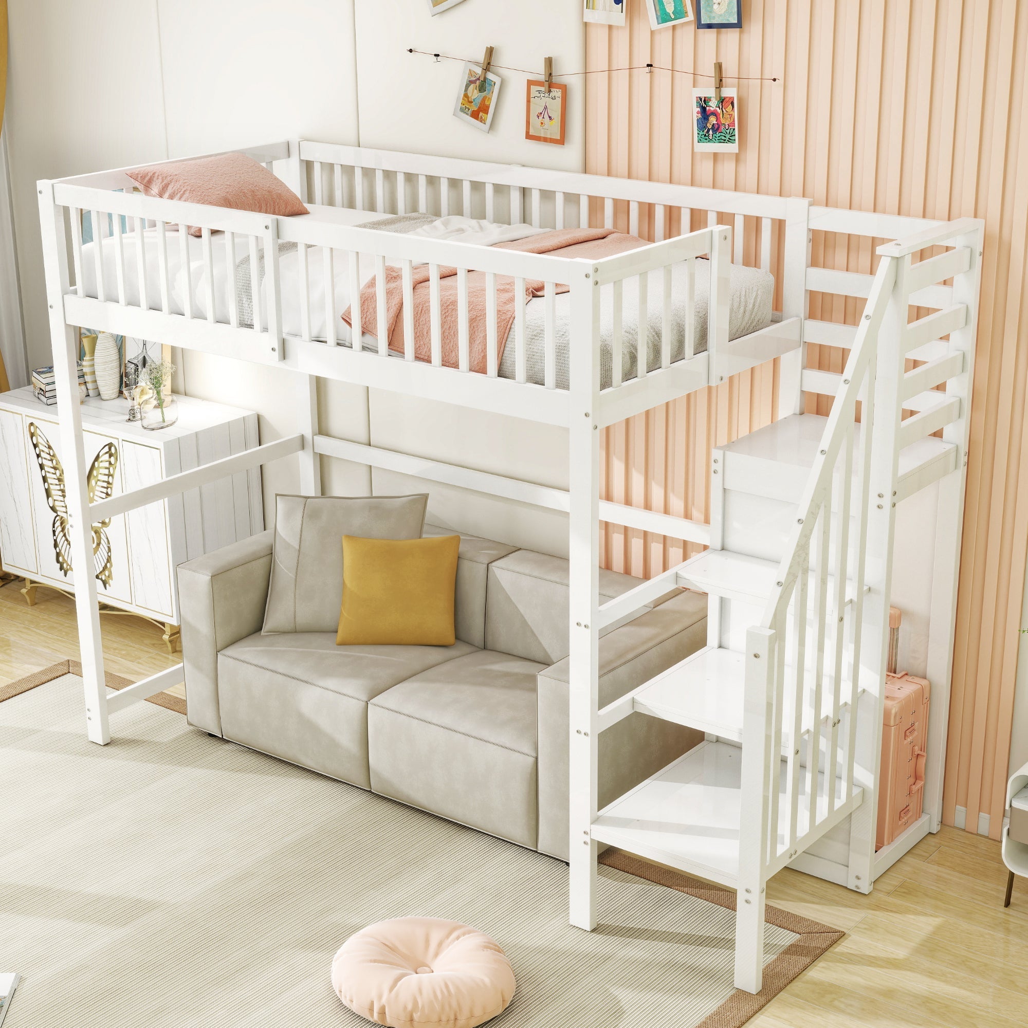 Loft Bed 90x200 with Stairs Storage Shelf Wardrobe, White Wooden