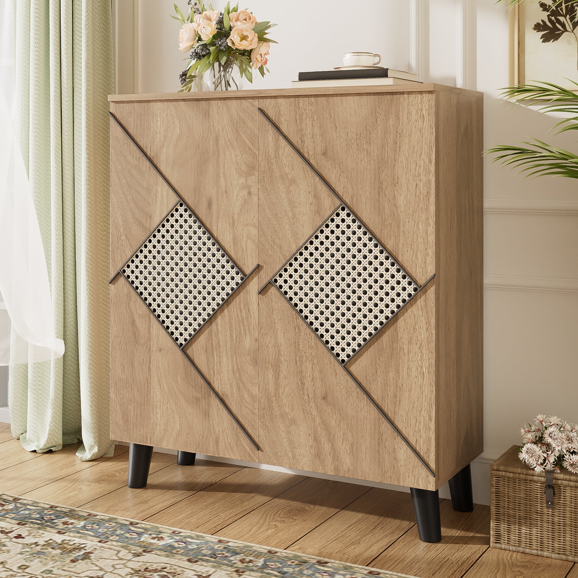 Shoe Cabinet Modern Rattan Pattern Storage 80x32x91cm