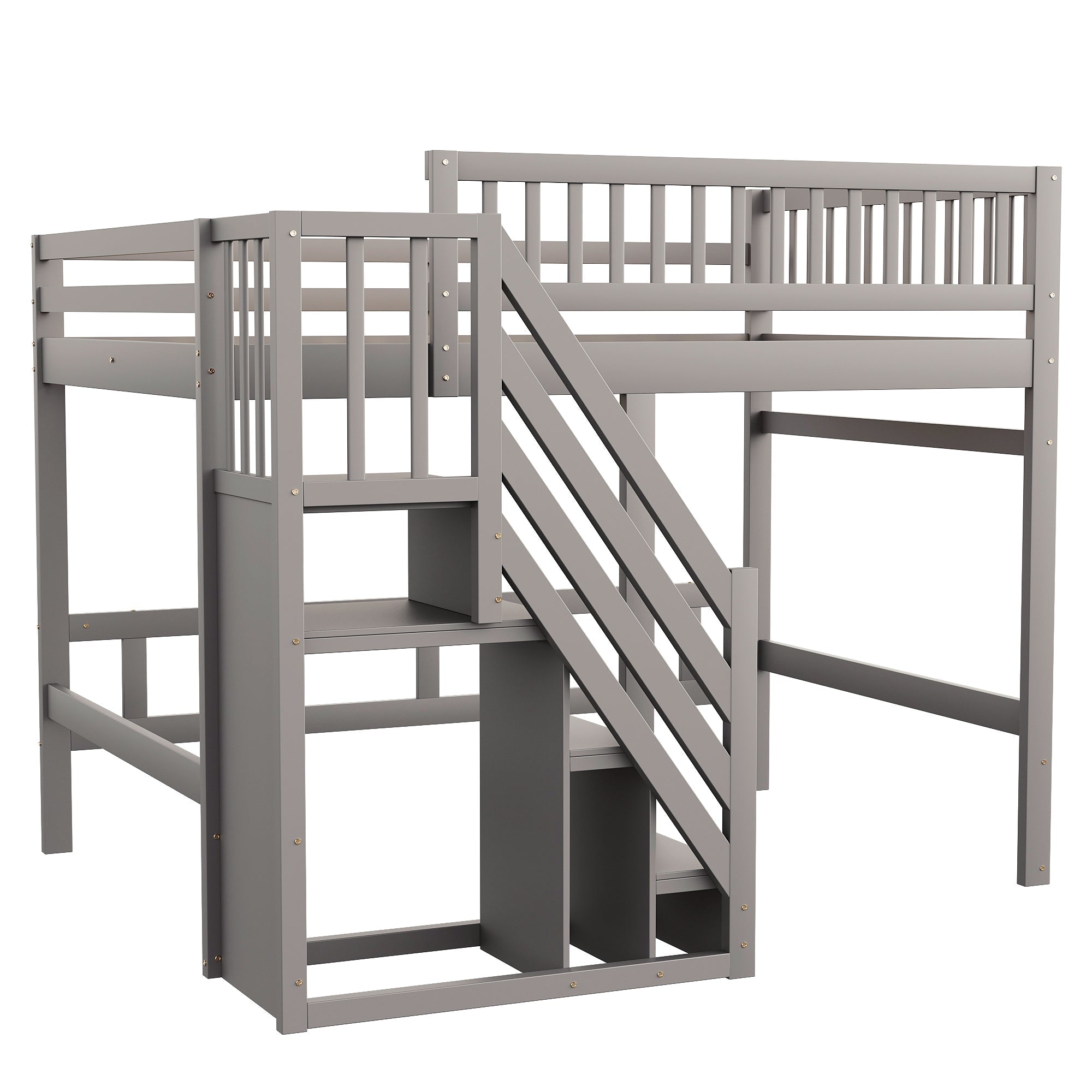 Solid wood bed 140*200, stairs with storage, high railing, grey