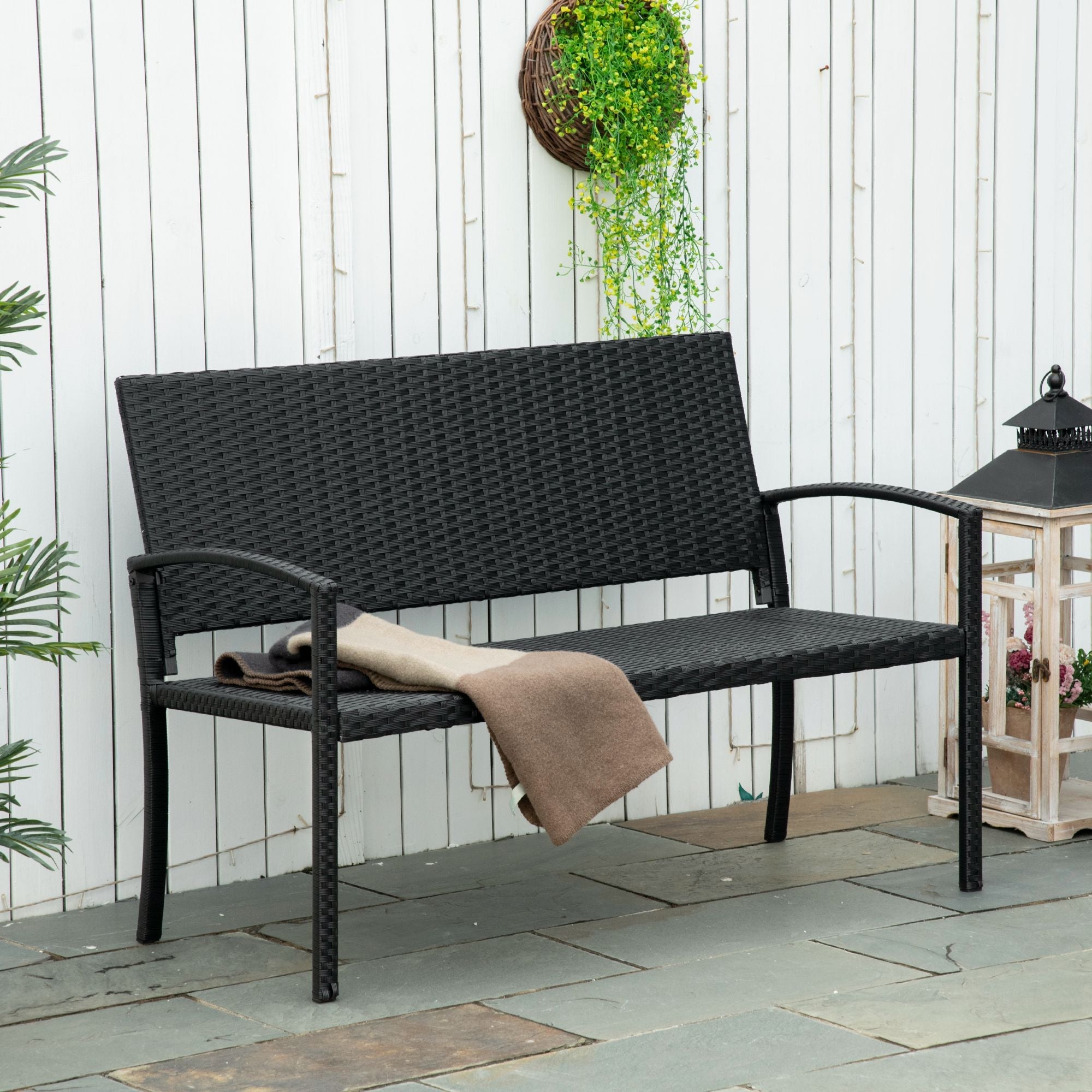 Polyrattan Garden Bench 2-Seater Park Bench Steel Frame Wicker, Black