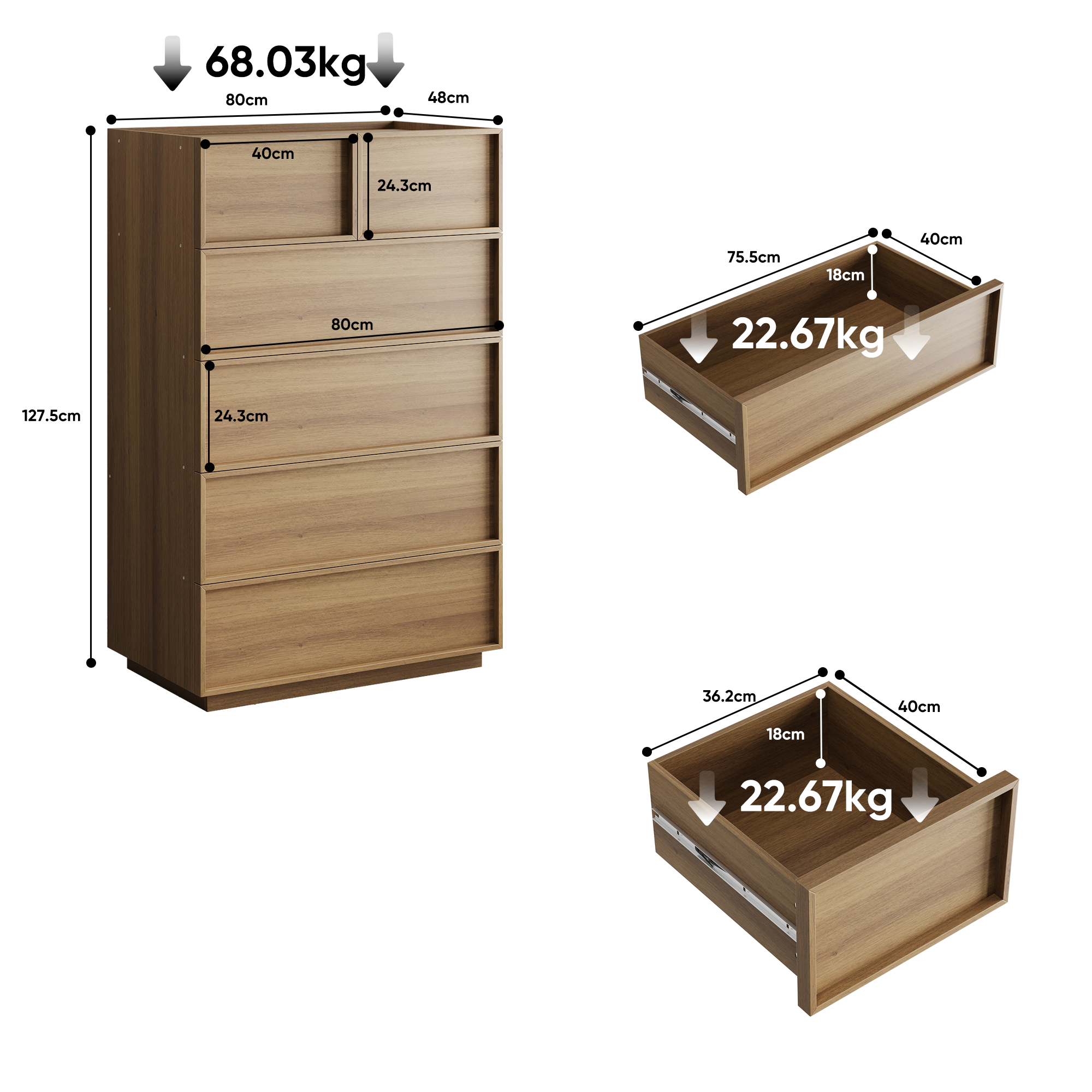 Chest of Drawers with 6 Drawers and Dressing Table, 80x48x127cm, Oak Color Wood