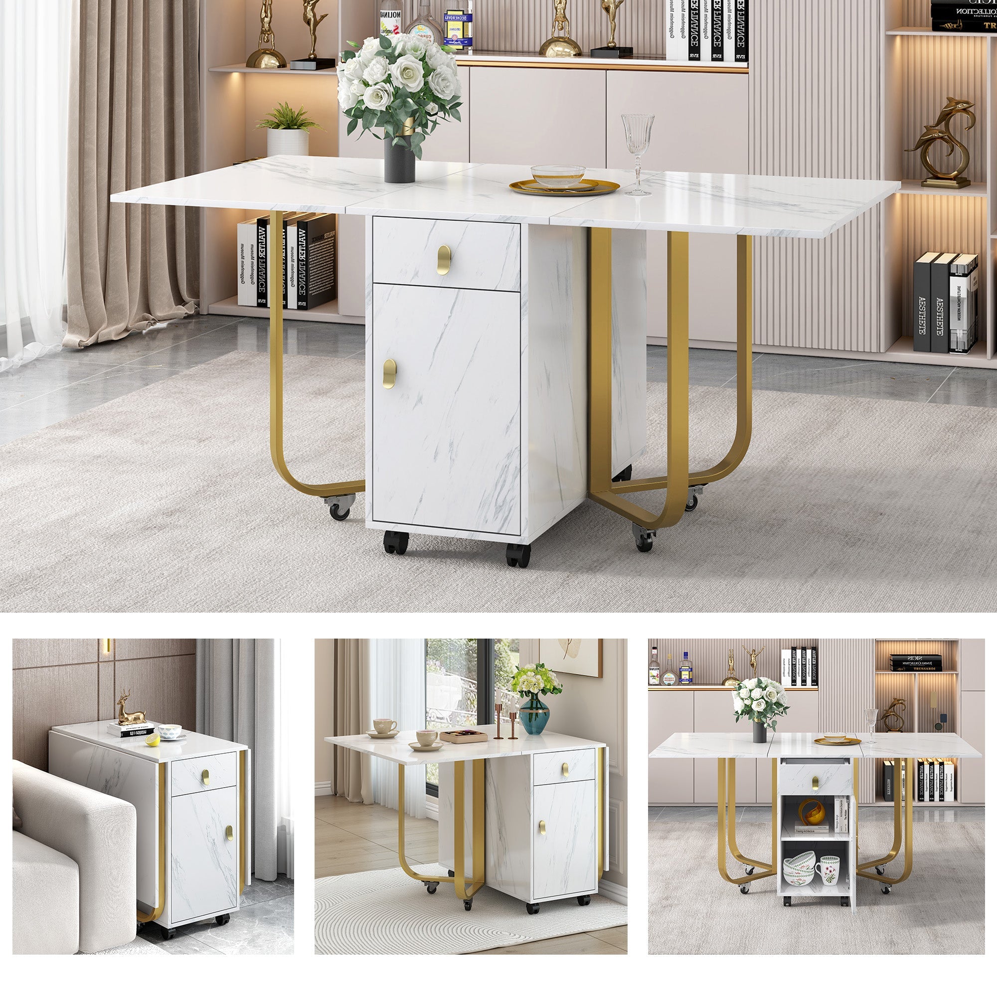 Dining Set, 4-Chair Folding Kitchen Table, Velvet Chairs, White MDF & Black Legs
