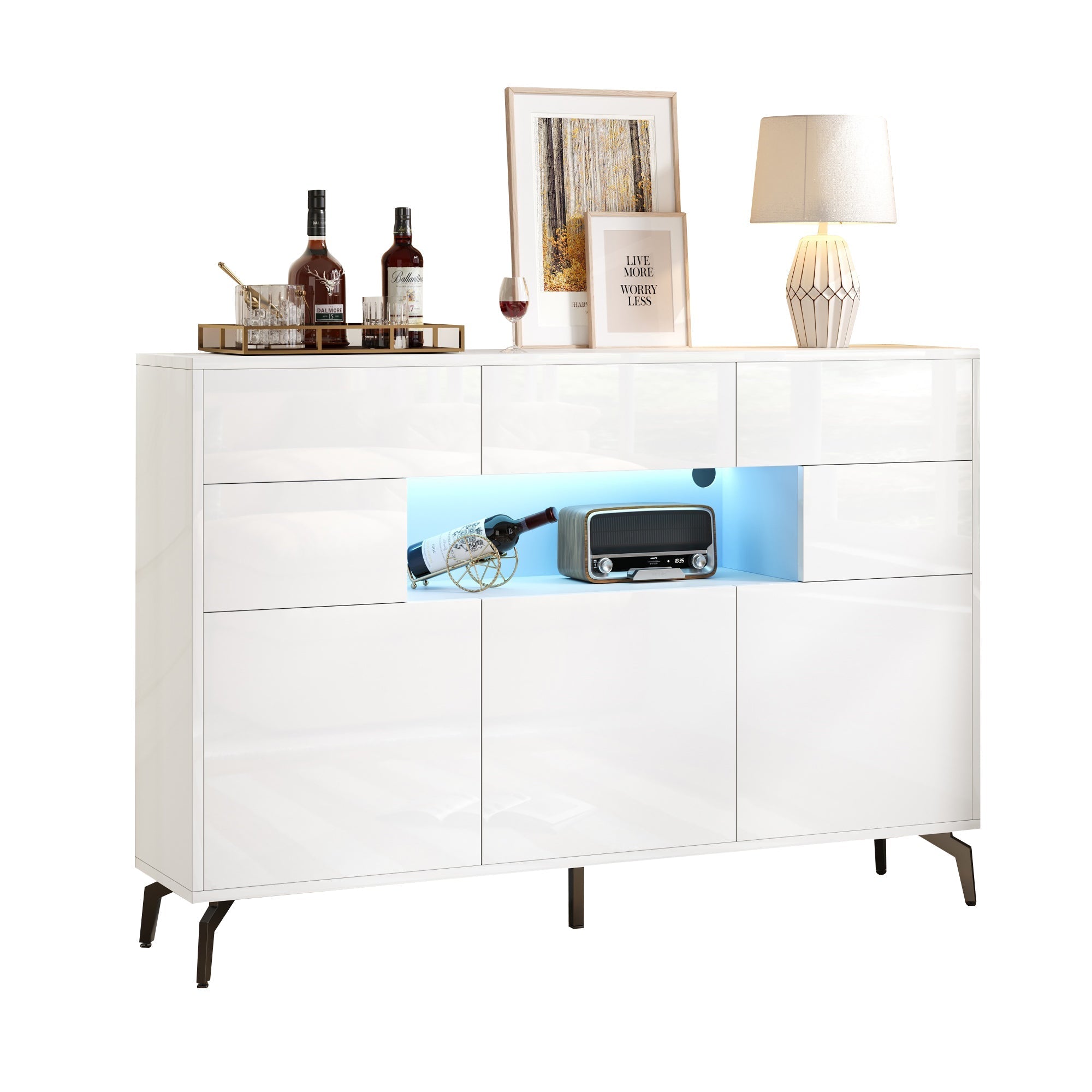 Living Room Sideboard, High-Gloss Storage with LED Light, White MDF