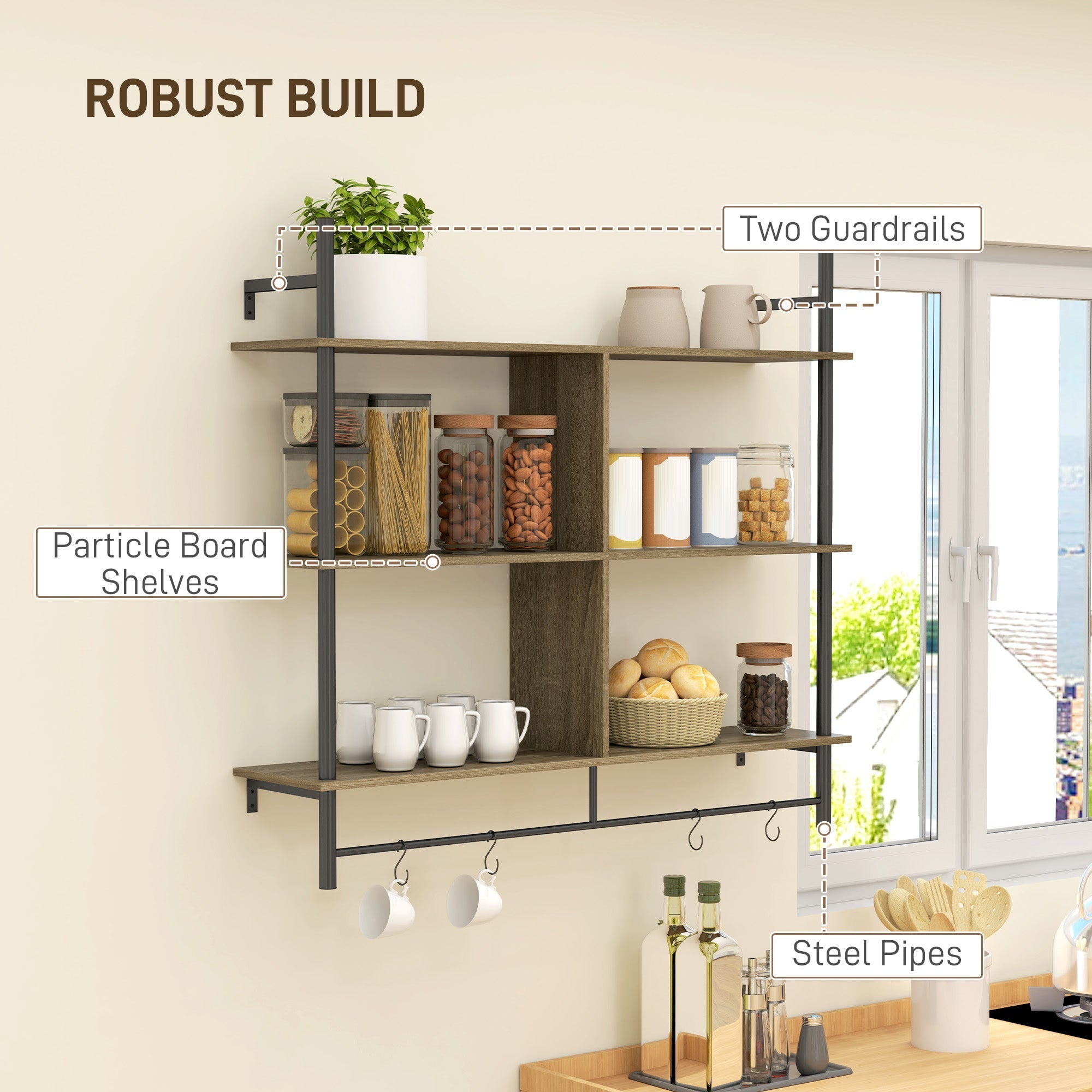 Three-Tier Floating Shelf Wall Display Storage Unit Grey Wood Effect