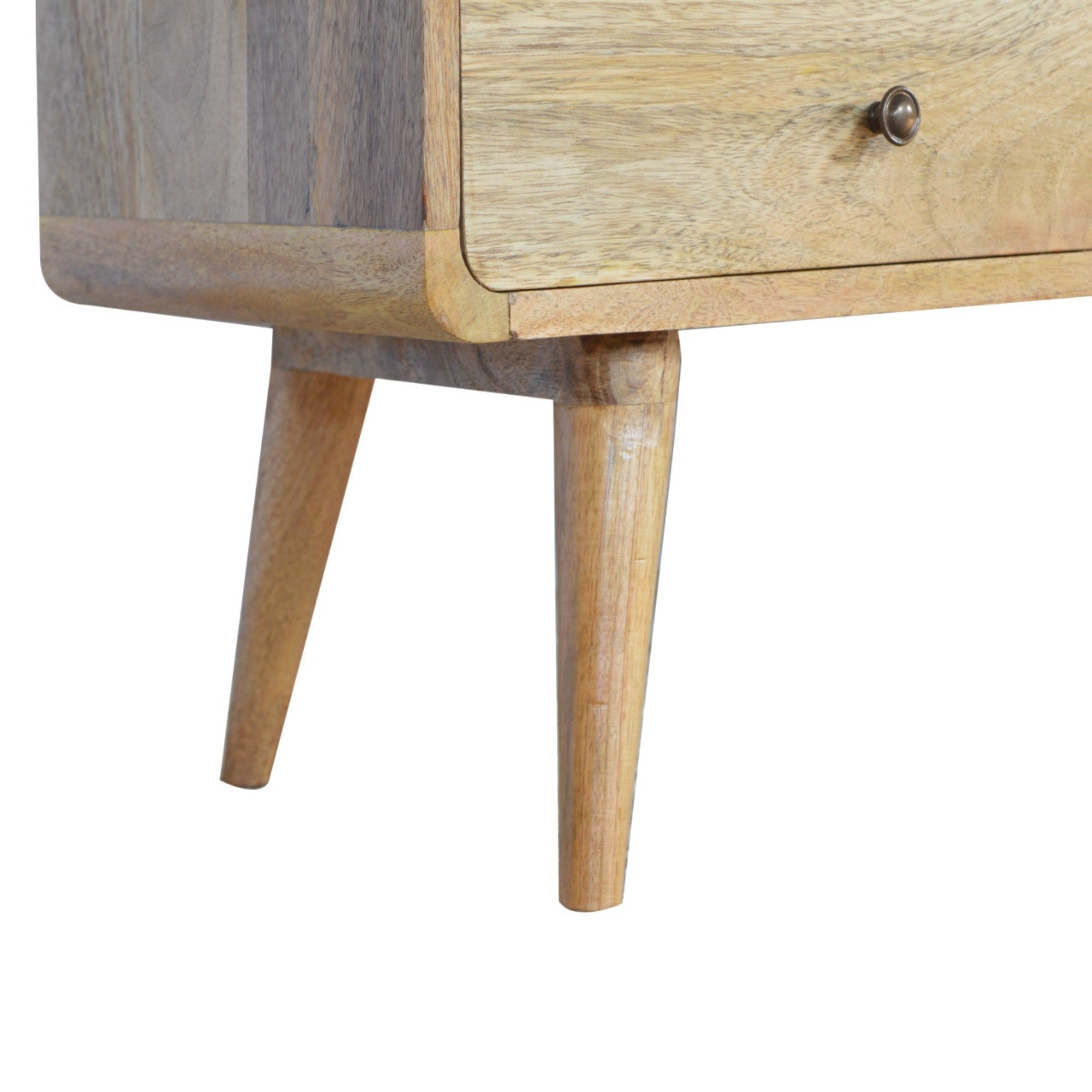 Solid Wood Curved Media Unit with 2 Drawers and Open Slot, Brown Oak-ish