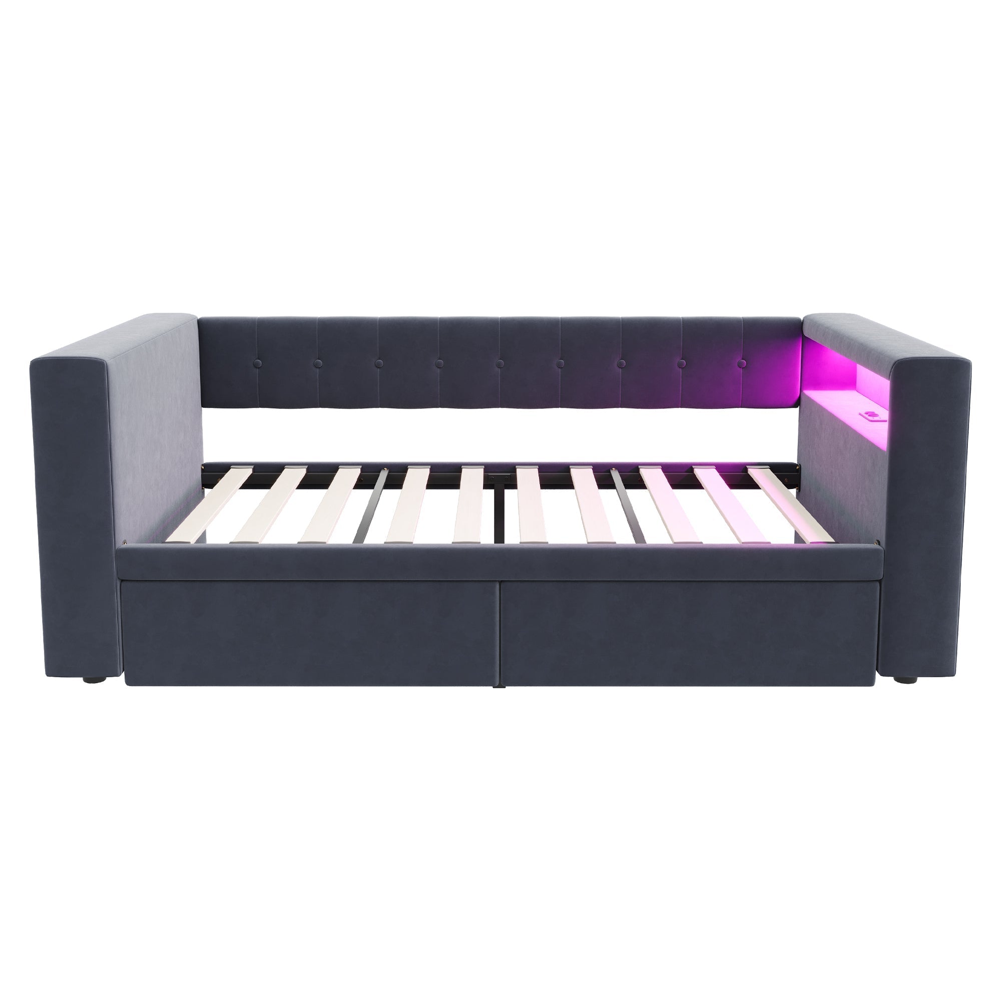 Upholstered Bed 90×190 cm LED Power Outlet Storage Drawers, Dark Grey