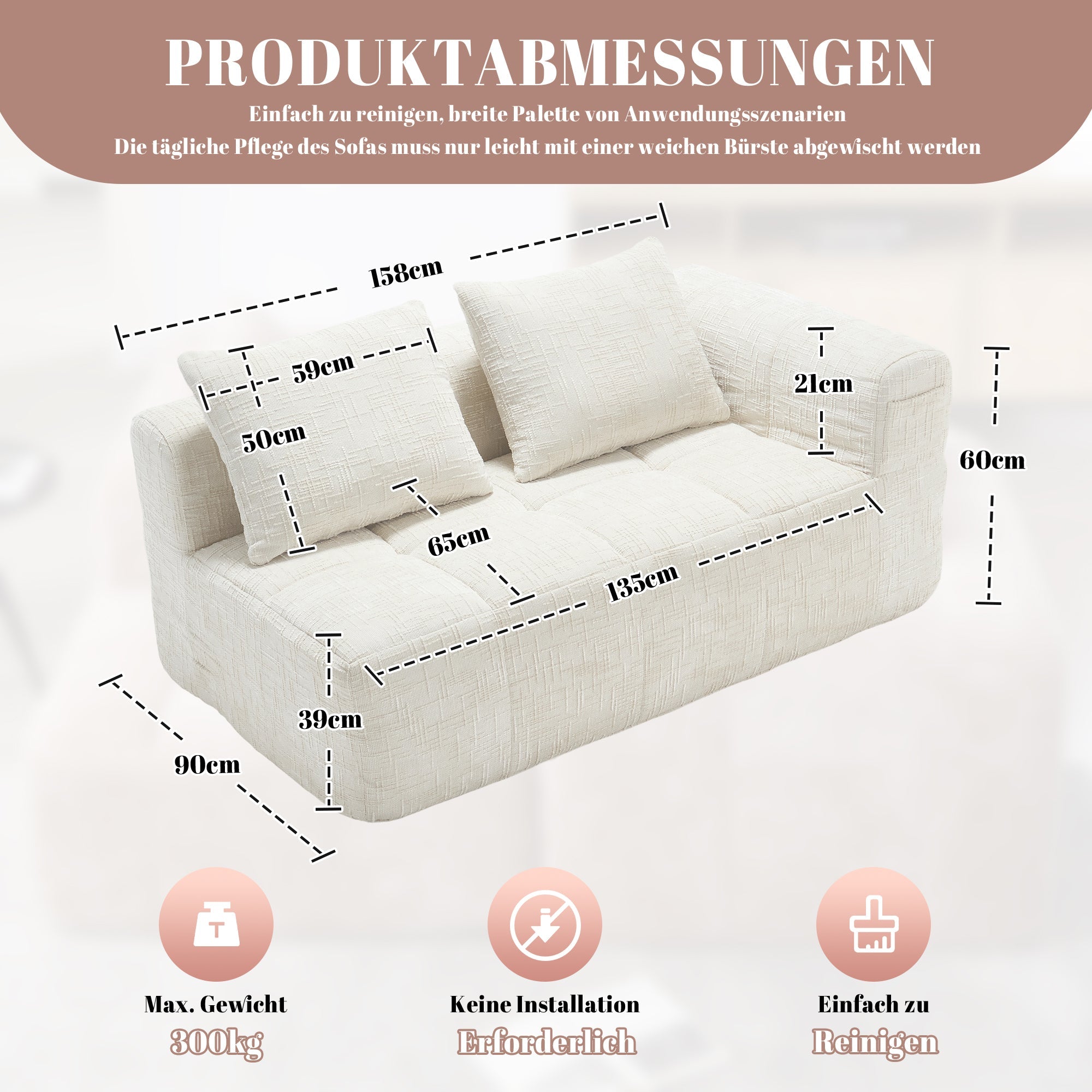 Sofa 2-Seater, Plush Cushion Side Pockets, Beige