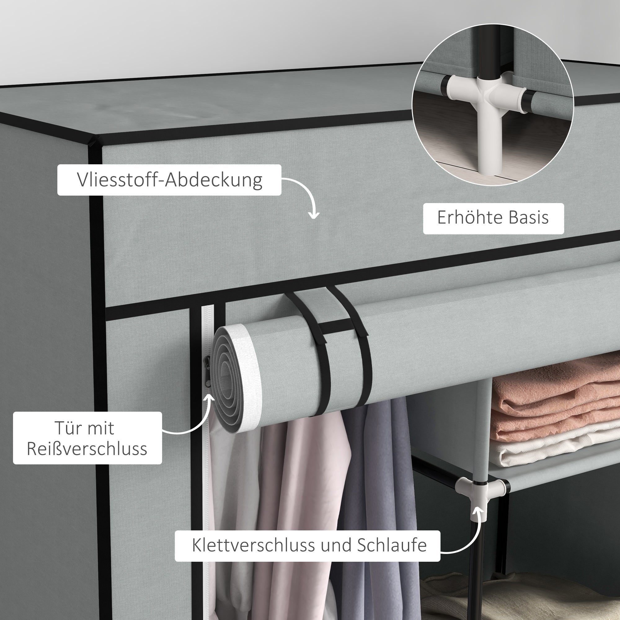 Fabric Wardrobe 5 Compartments, Clothes Rail, Light Grey