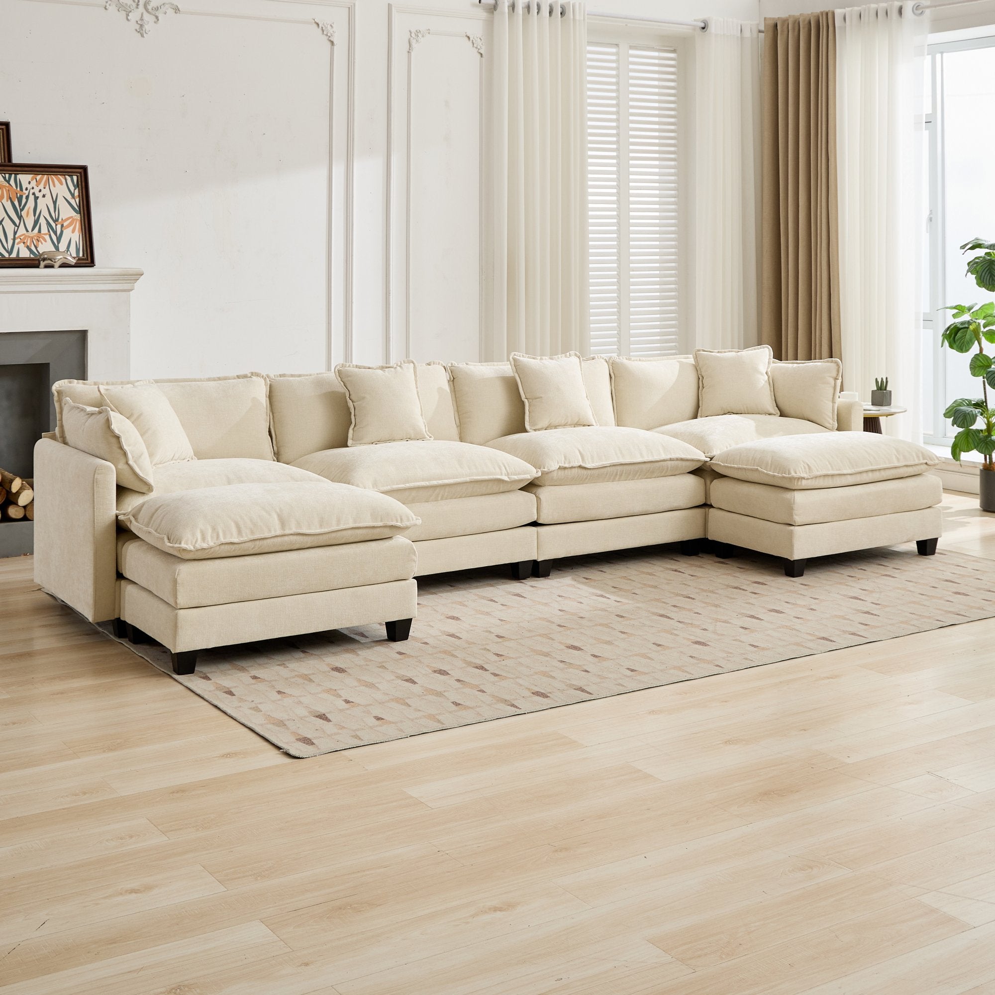 Cloud Sofa 4 Seats, Modern Sectional Couch with Double Layer Cushion, Beige Chenille Fabric