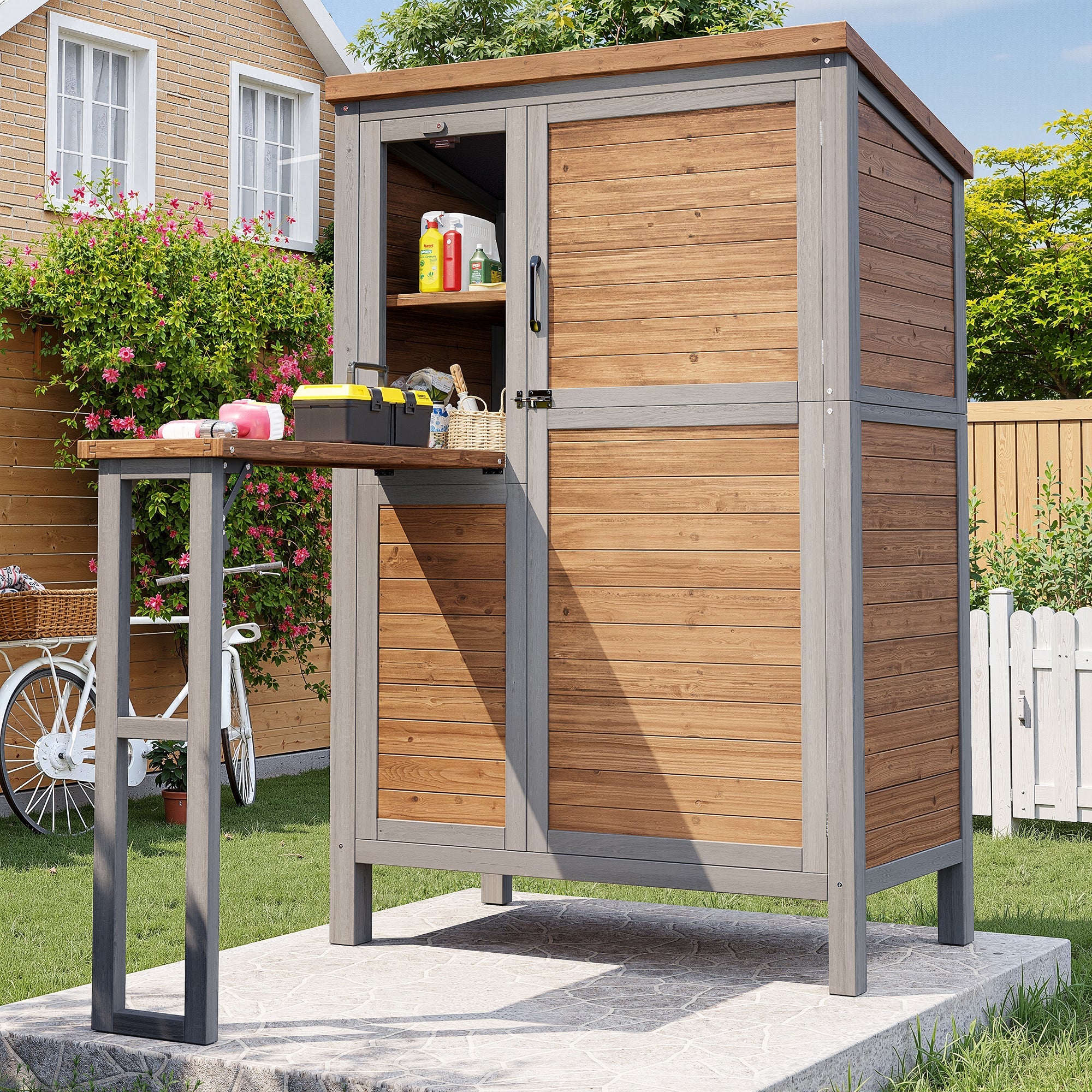Outdoor Garden Cabinet with Fold-out Worktop and Adjustable Shelves, Fir Wood