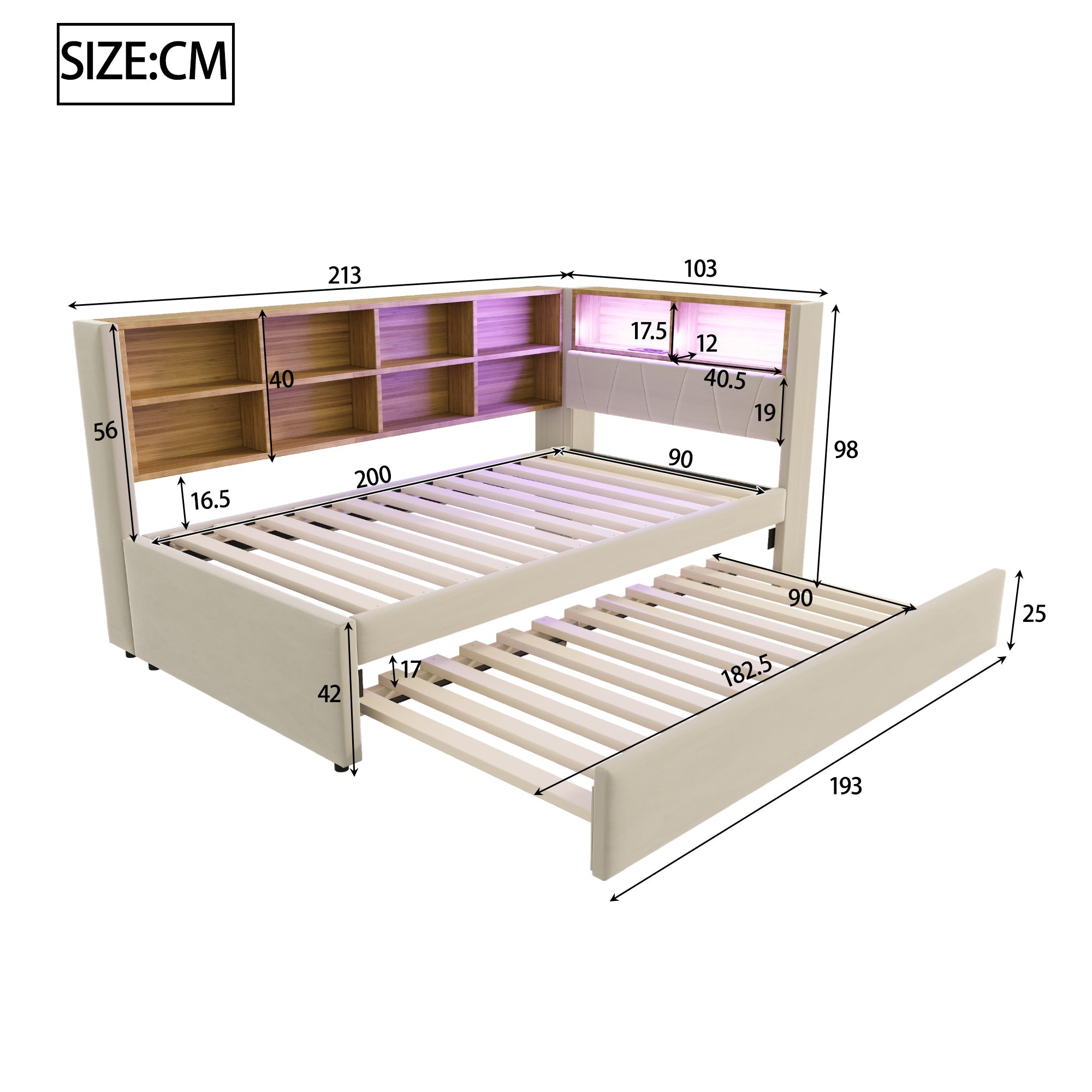 Sofa Bed 90x200 Pull-Out LED Storage Flannel Beige