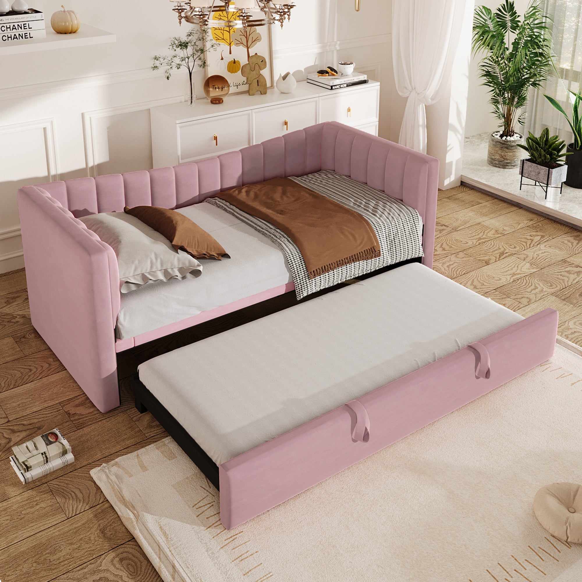 Daybed Upholstered Pull-out Bed 90/180x200cm - Velvet Pink