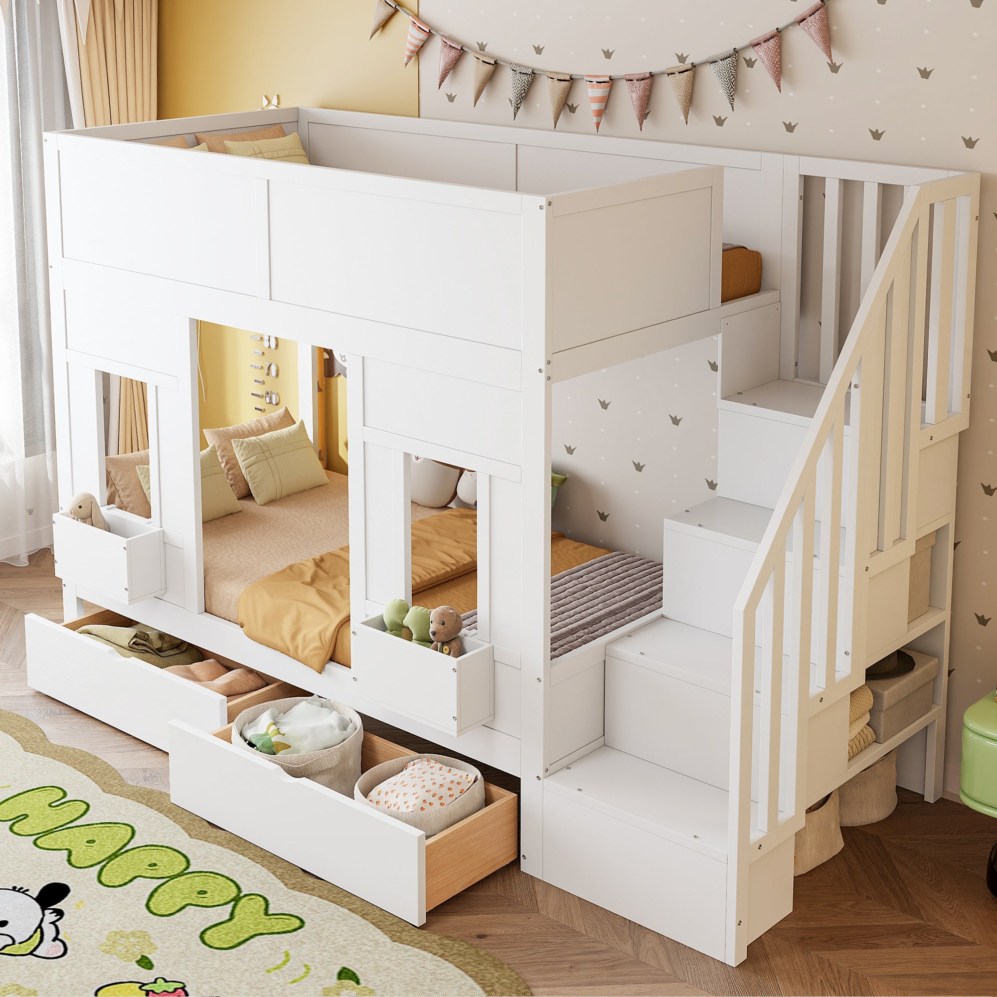 Bunk Bed with Storage Stairs, Drawers and Windows, 90x200cm, Wood