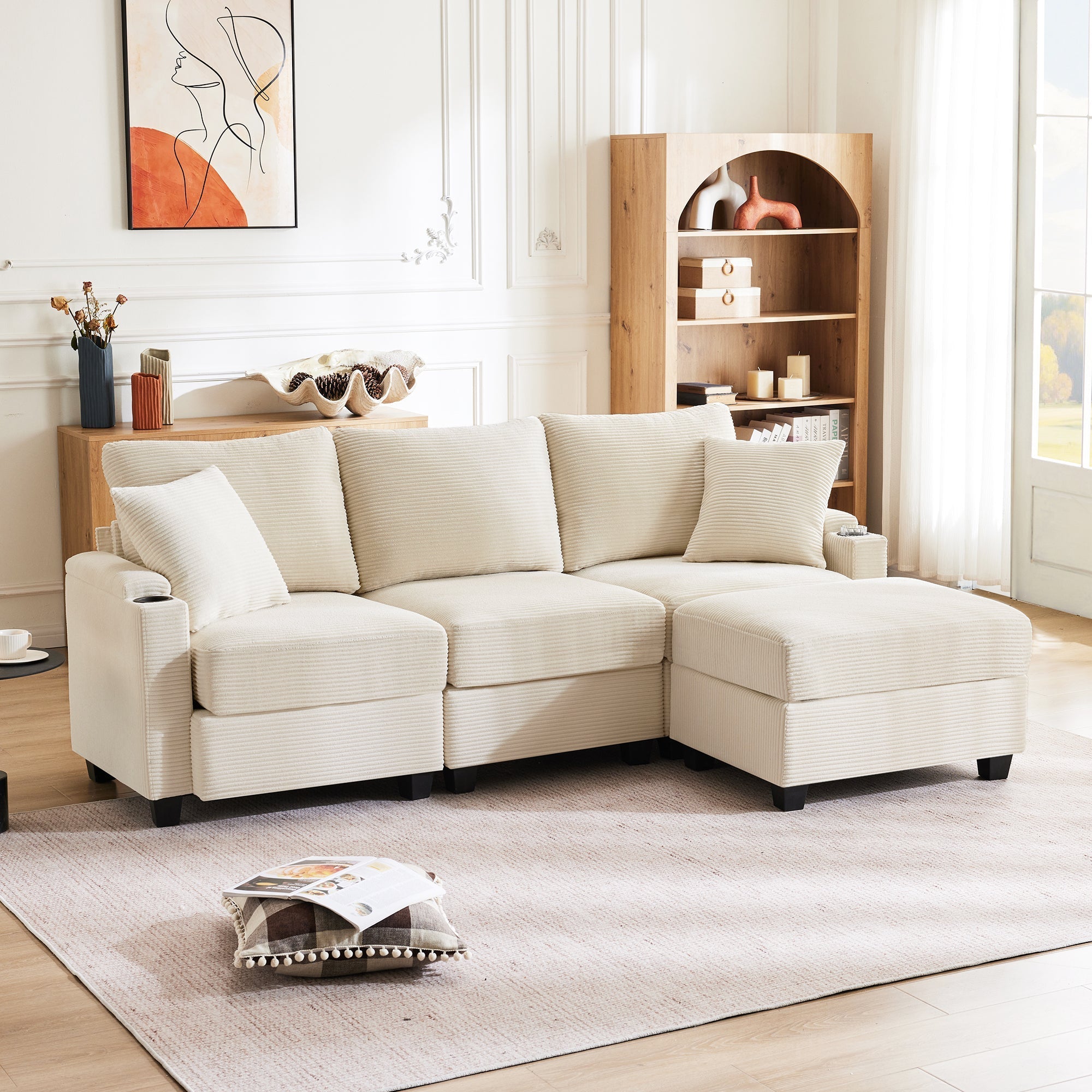L-shaped Corner Sofa, Convertible 3-Seater with Footstool, Cup Holder, USB Charger, Armrest Storage, Beige