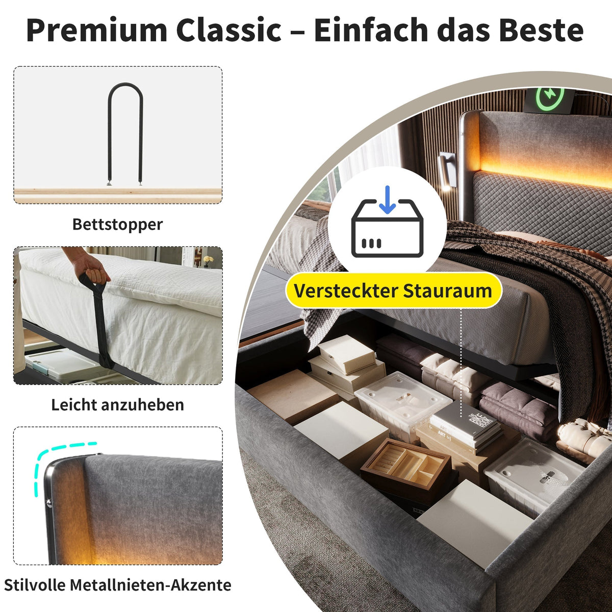 Hydraulic Double Bed, 140x200cm High Headboard LED Storage USB/Type-C, Linen Look Grey
