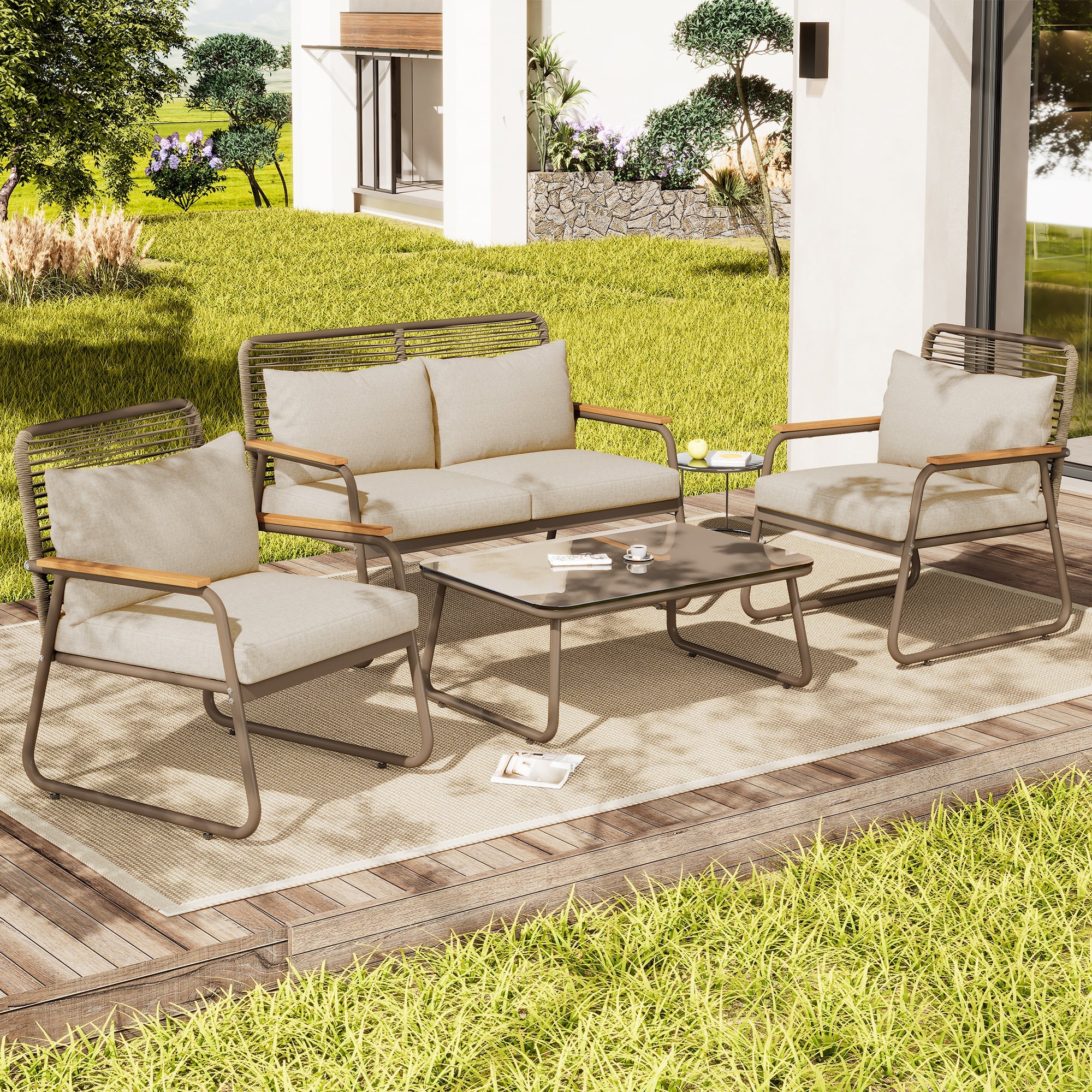 Garden Lounge Set 4 Person Sofa Table Adjustable Legs Tempered Glass - Beige