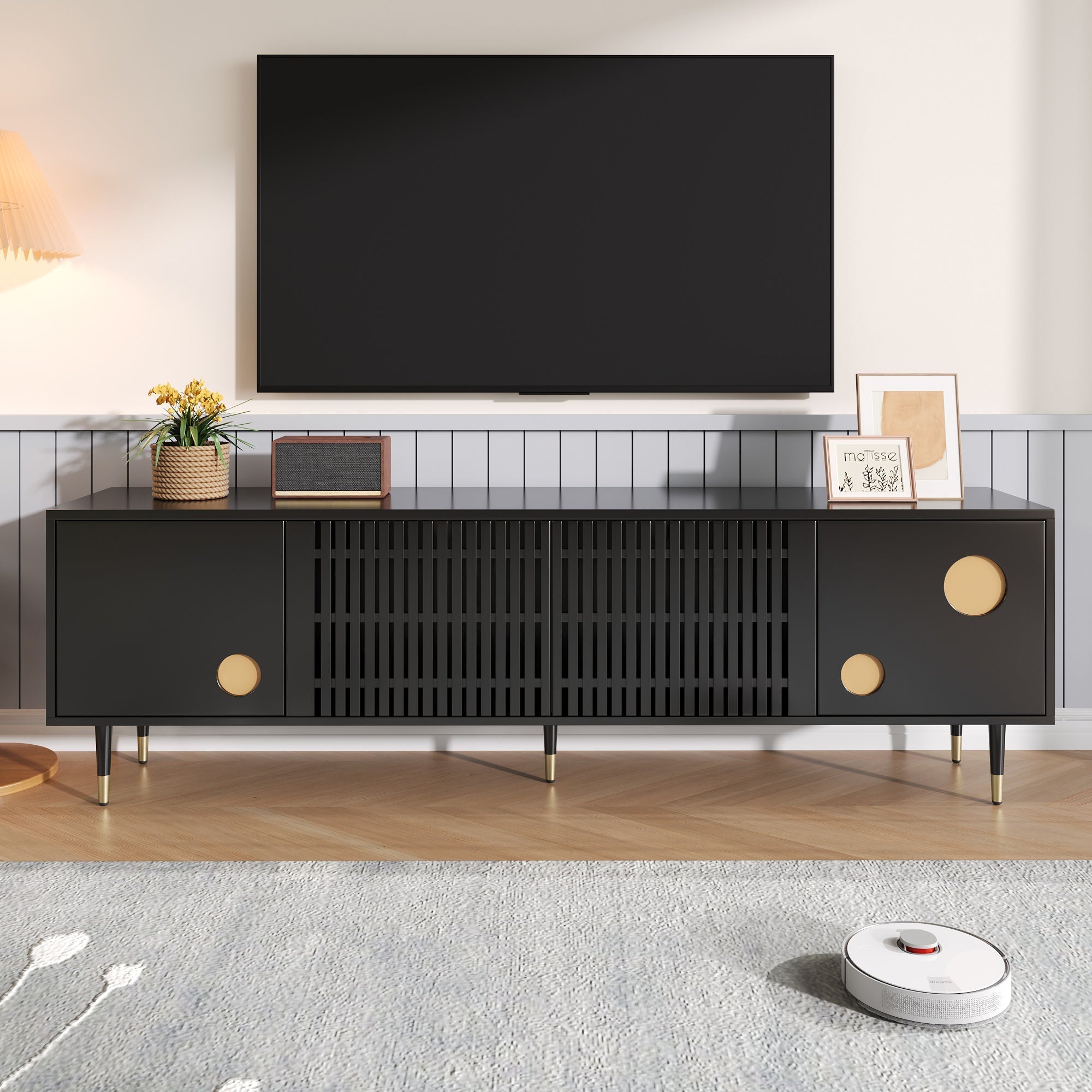 TV Cabinet, Lattice, Hidden Handles, Gold Decor, Solid Wood