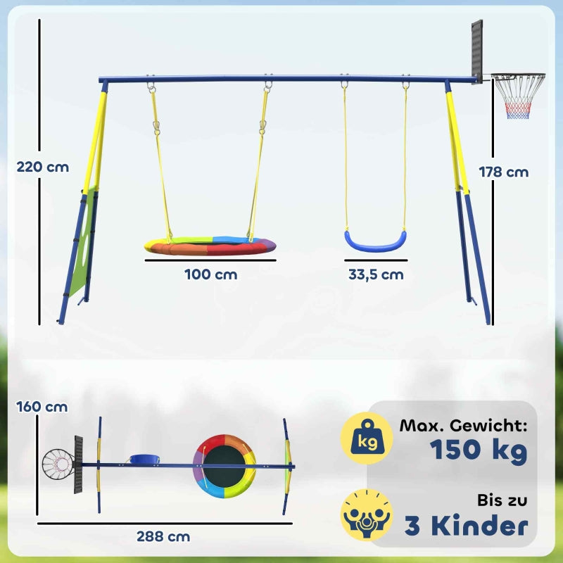 4-in-1 Swing Set with Nest Swing, Basketball Hoop and Football Goal, Metal