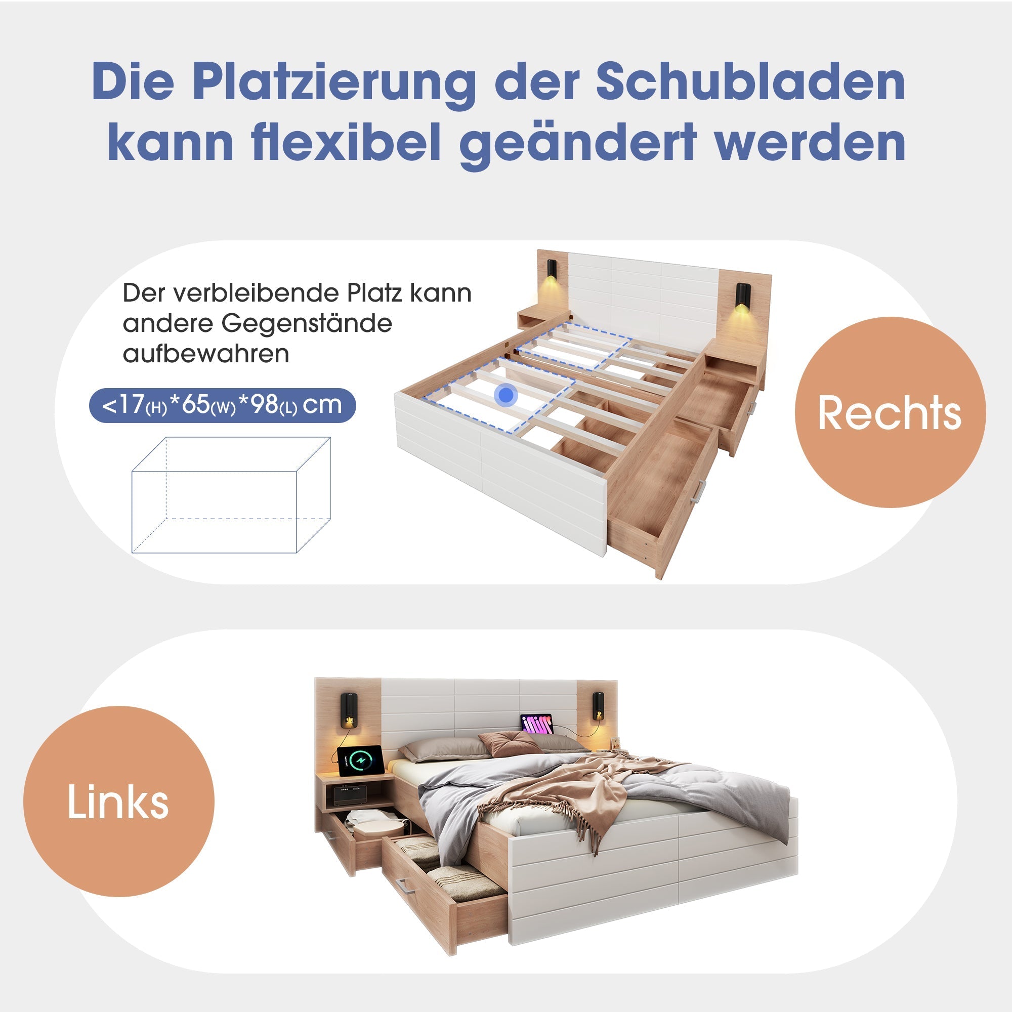 Double Bed 140x200cm, 2 Drawers, USB Reading Light, 2 Bedside Tables, Oak/White Wood